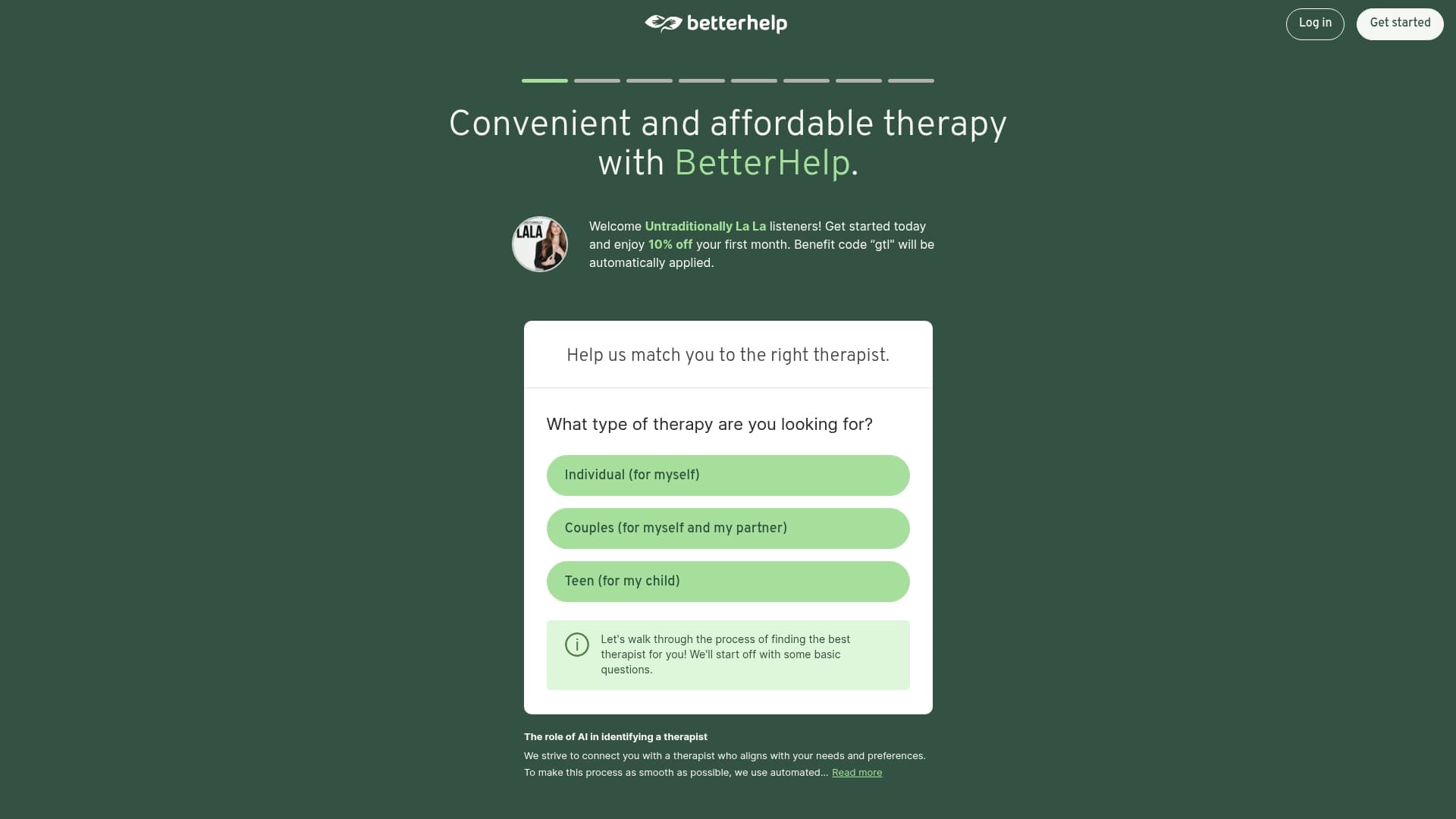 BetterHelp sponsor landing page advertised on Give Them Lala
