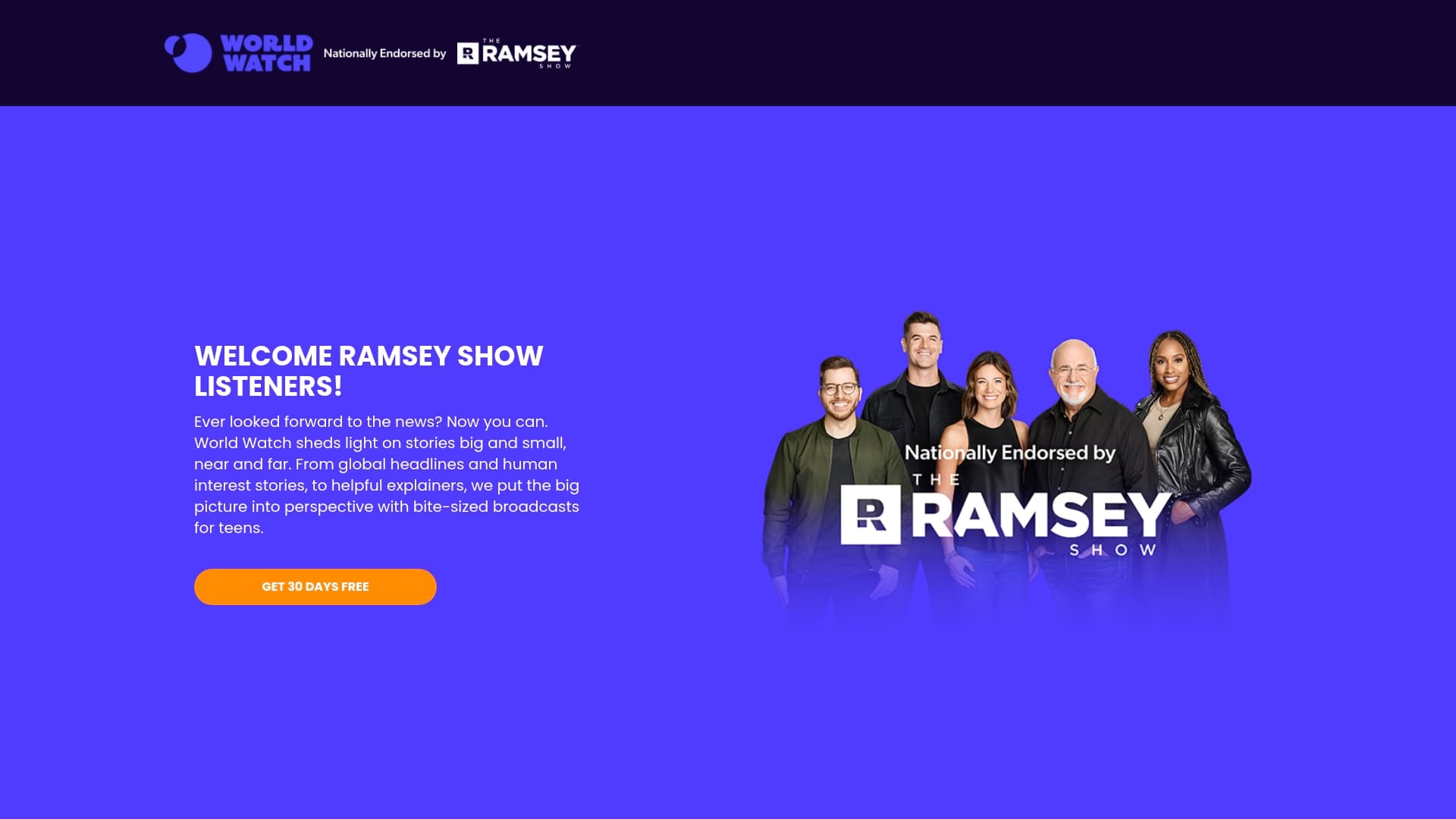 World Watch sponsor landing page advertised on The Ramsey Show