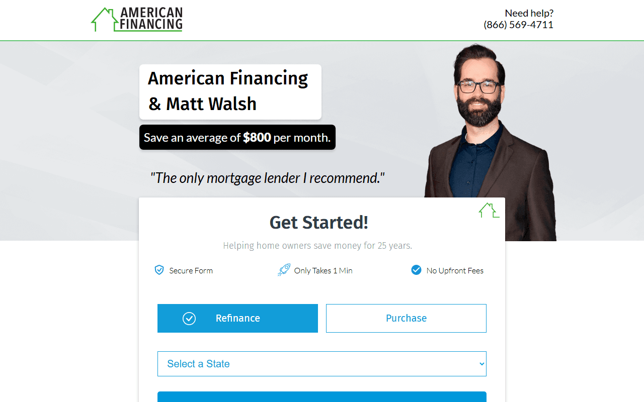 American Financing sponsor landing page advertised on The Matt Walsh Show