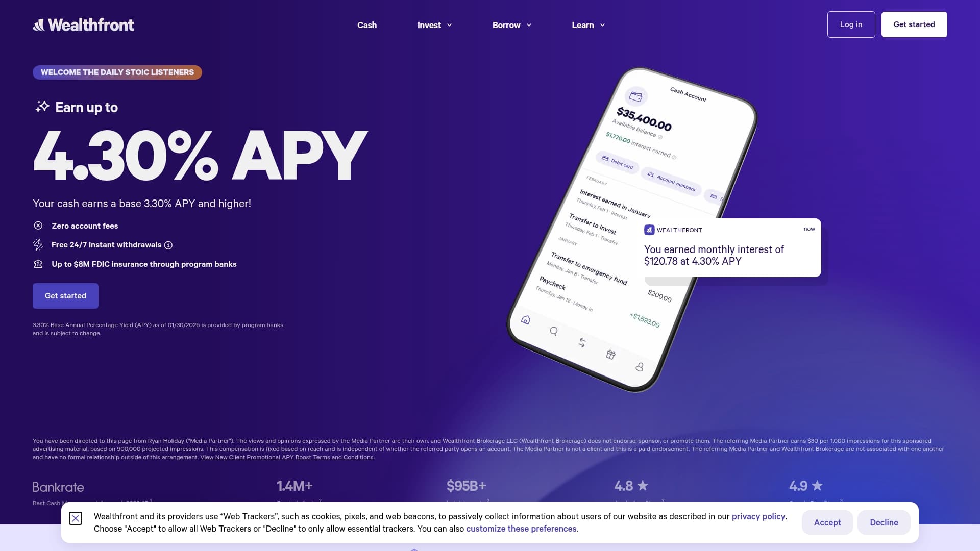 Wealthfront sponsor landing page advertised on The Daily Stoic