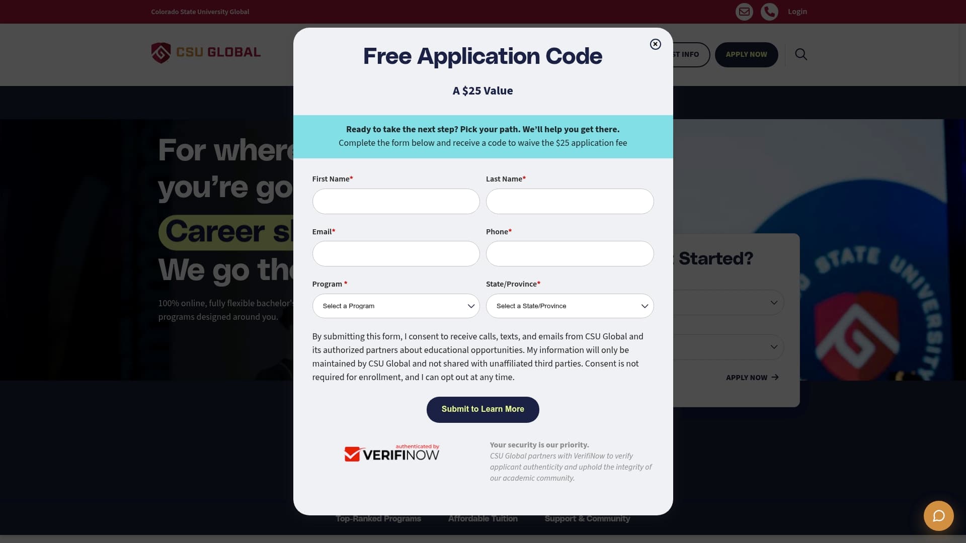 Colorado State University Global sponsor landing page advertised on Global News Podcast