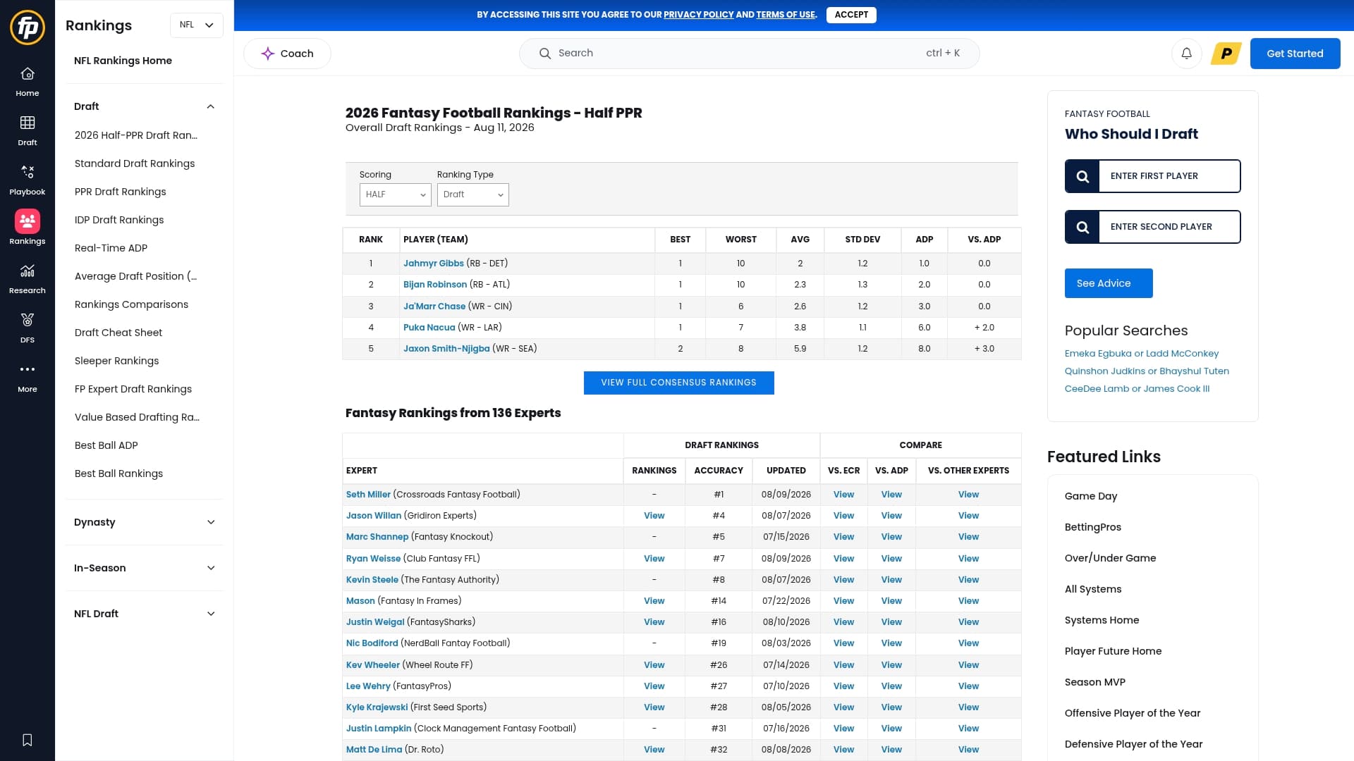Fantasy Pros sponsor landing page advertised on FantasyPros - Fantasy Football Podcast