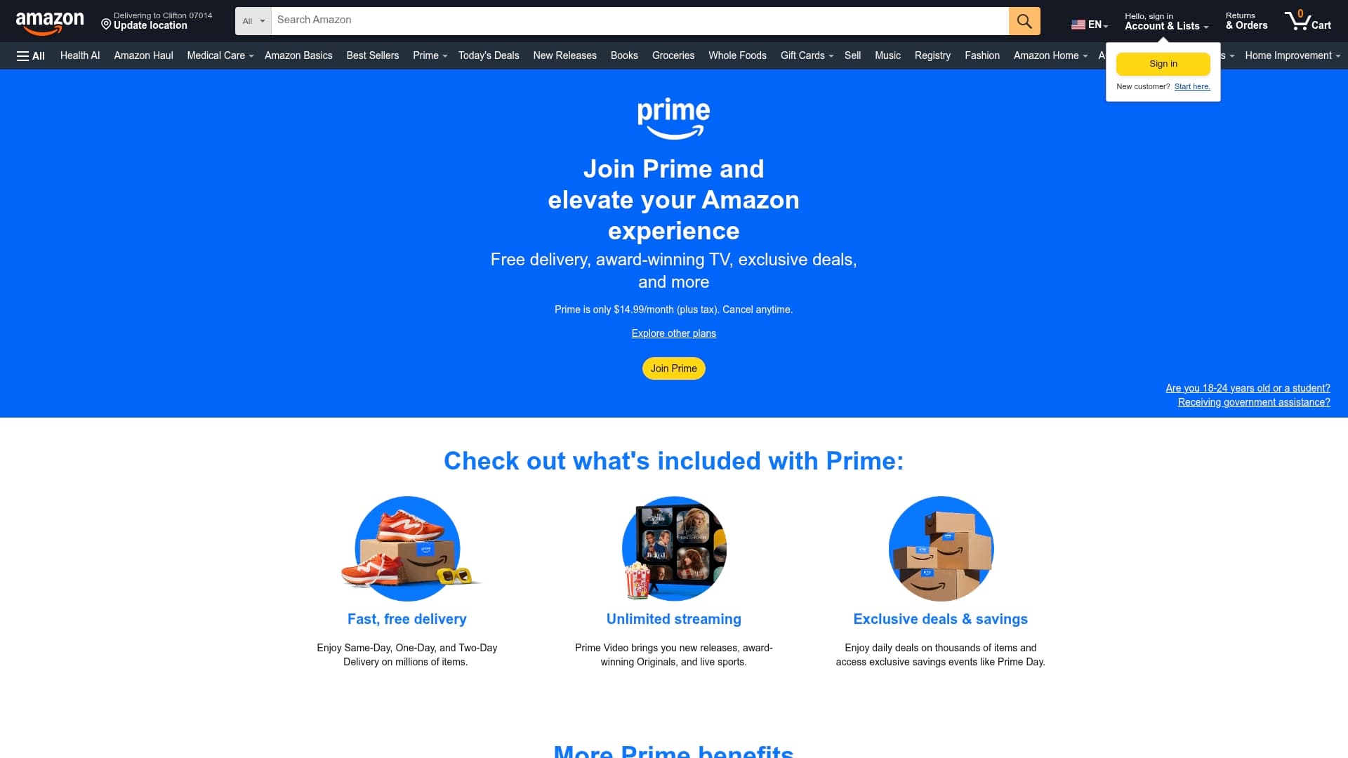 Amazon Prime sponsor landing page advertised on Club Shay Shay