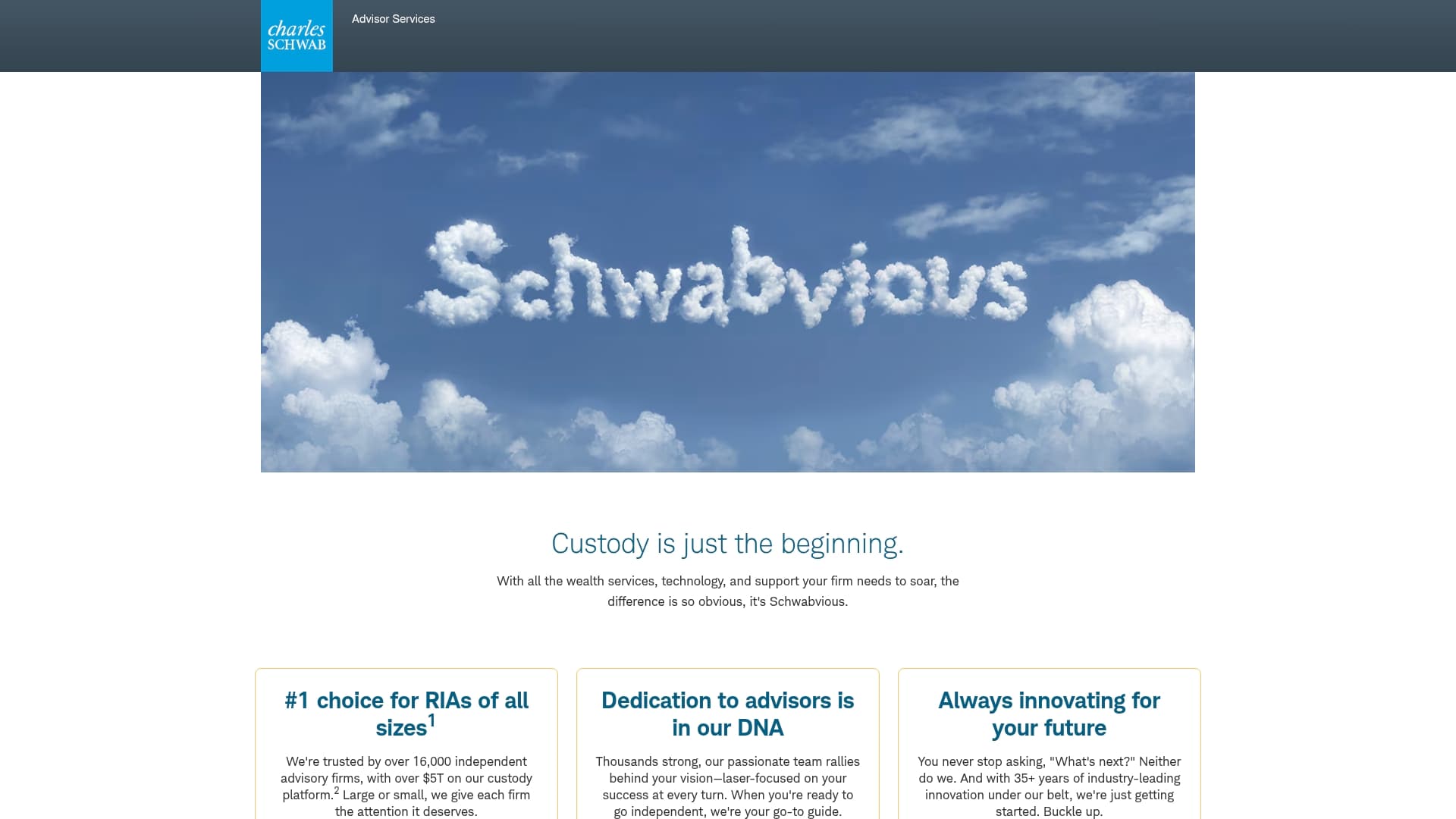 Schwab Advisor Services sponsor landing page advertised on Bulwark Takes