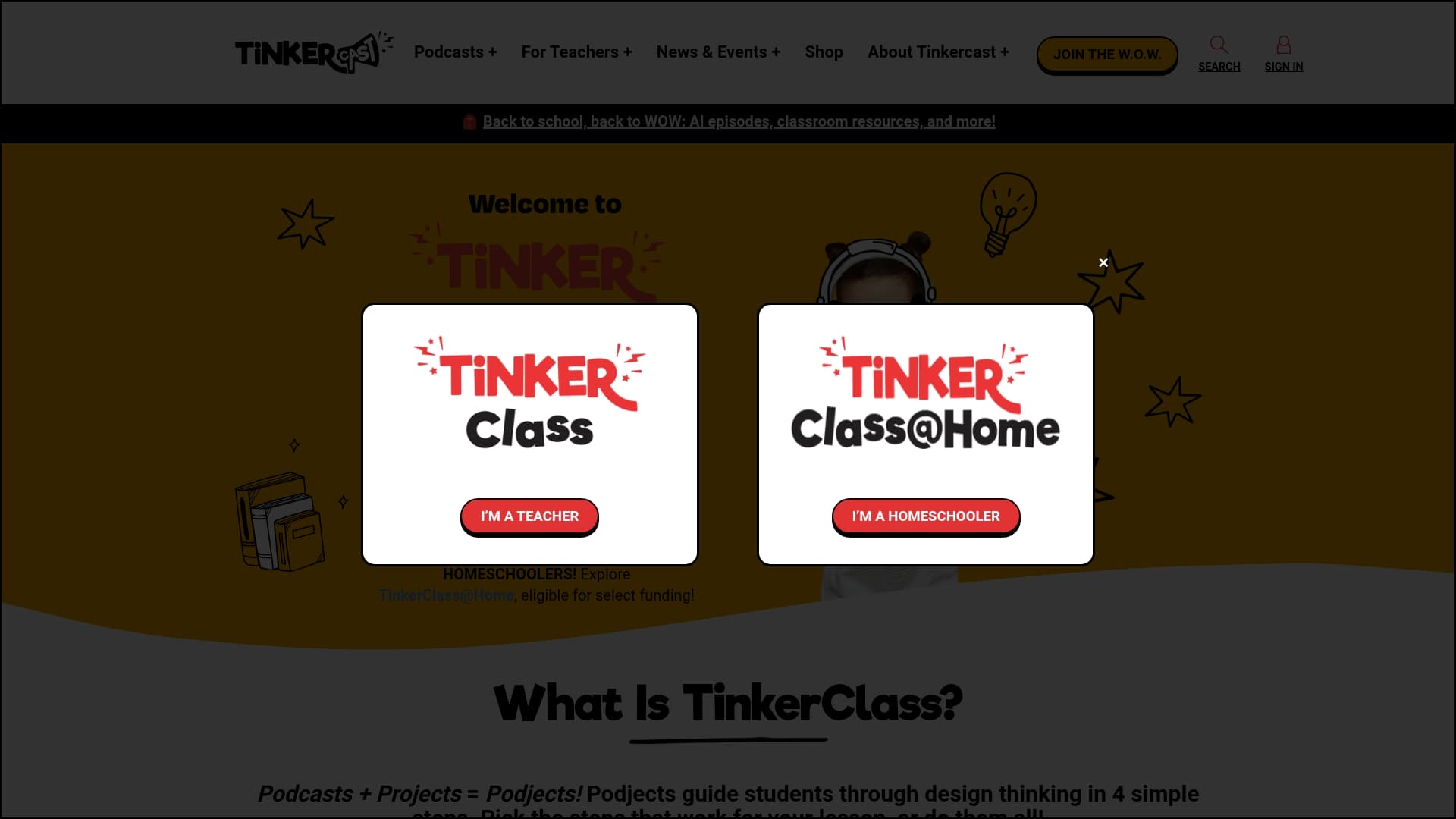 Tinker Class sponsor landing page advertised on Wow in the World