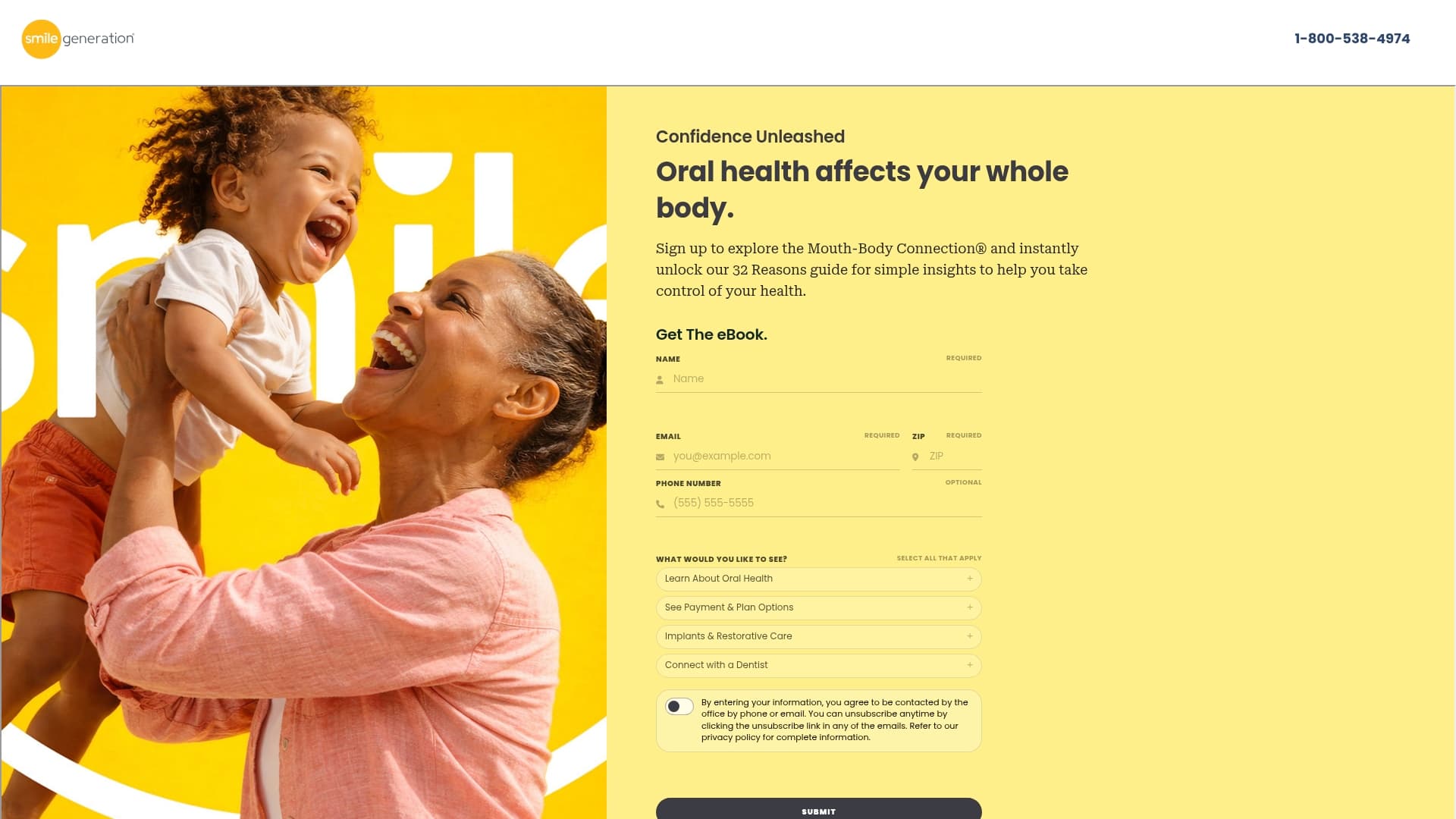 Smile Generation sponsor landing page advertised on The Moth