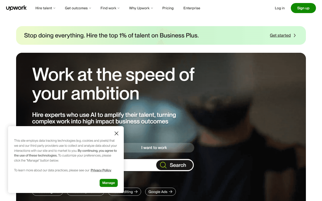 Upwork sponsor landing page advertised on Founder's Story