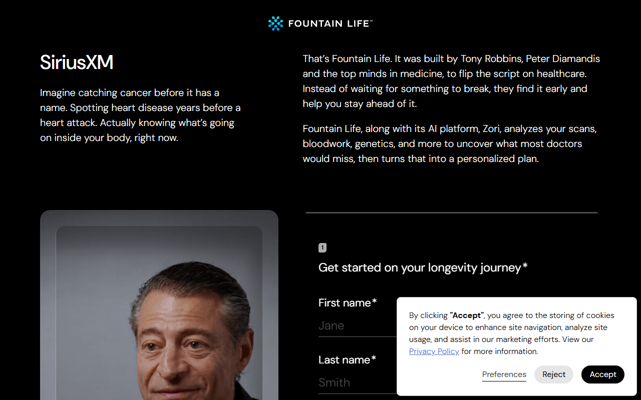 Fountain Life sponsor landing page advertised on The Nerve with Maureen Callahan
