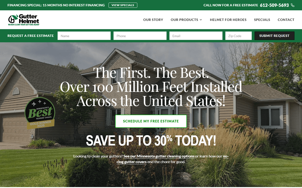 Gutter Helmet sponsor landing page advertised on The Power Trip