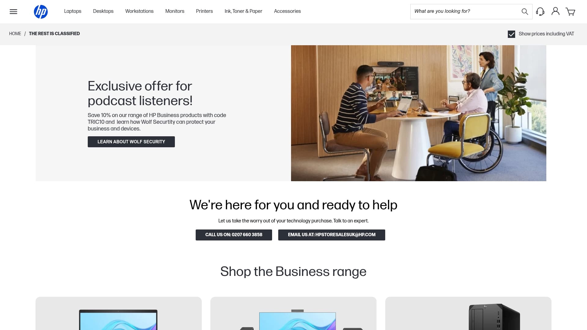HP sponsor landing page advertised on The Rest Is Classified