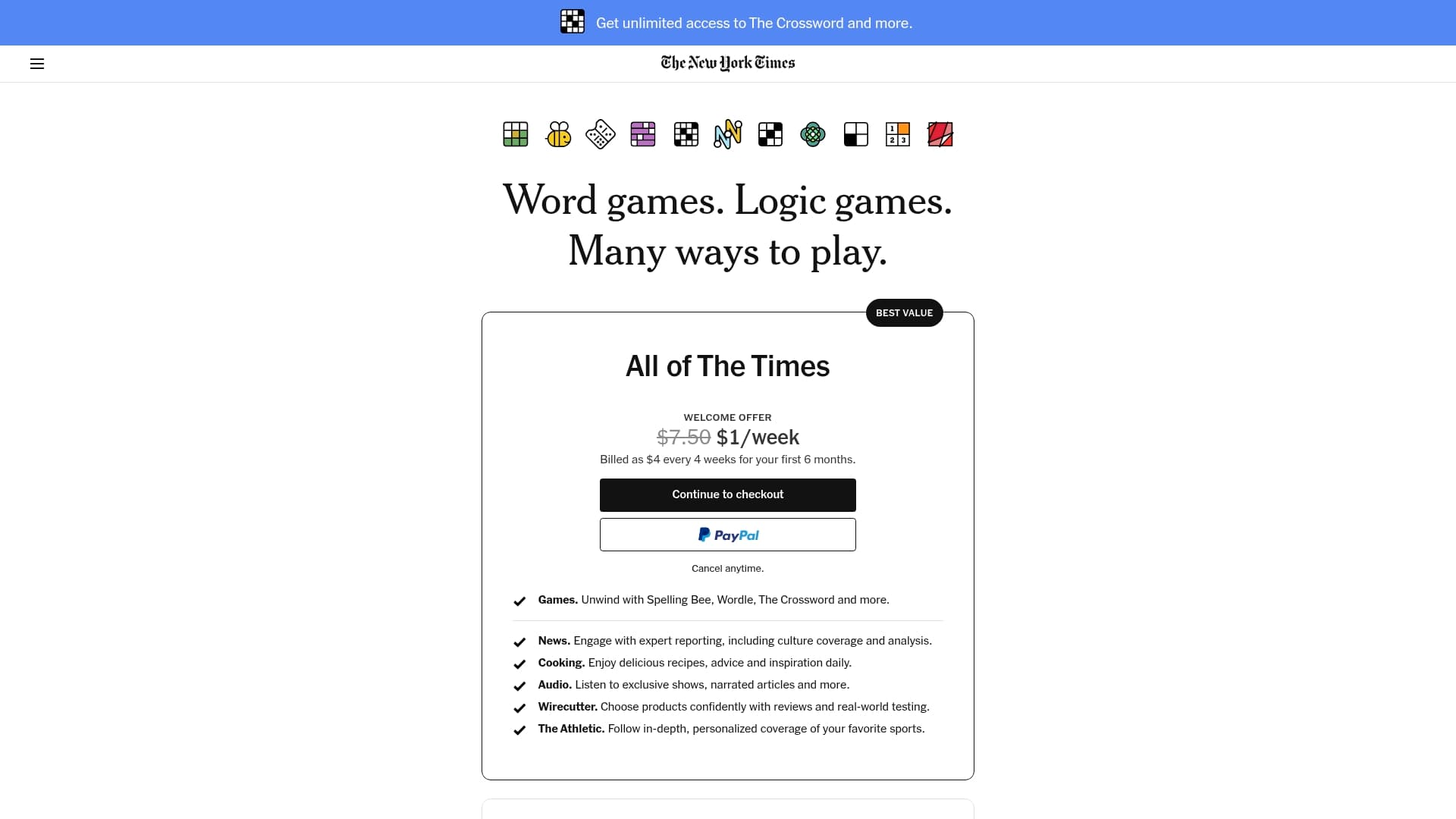 New York Times Games sponsor landing page advertised on The Daily