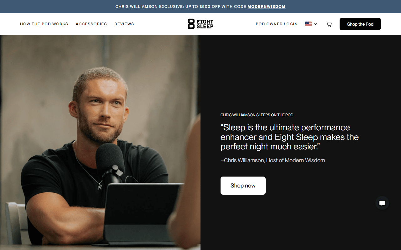 Eight Sleep sponsor landing page advertised on Modern Wisdom