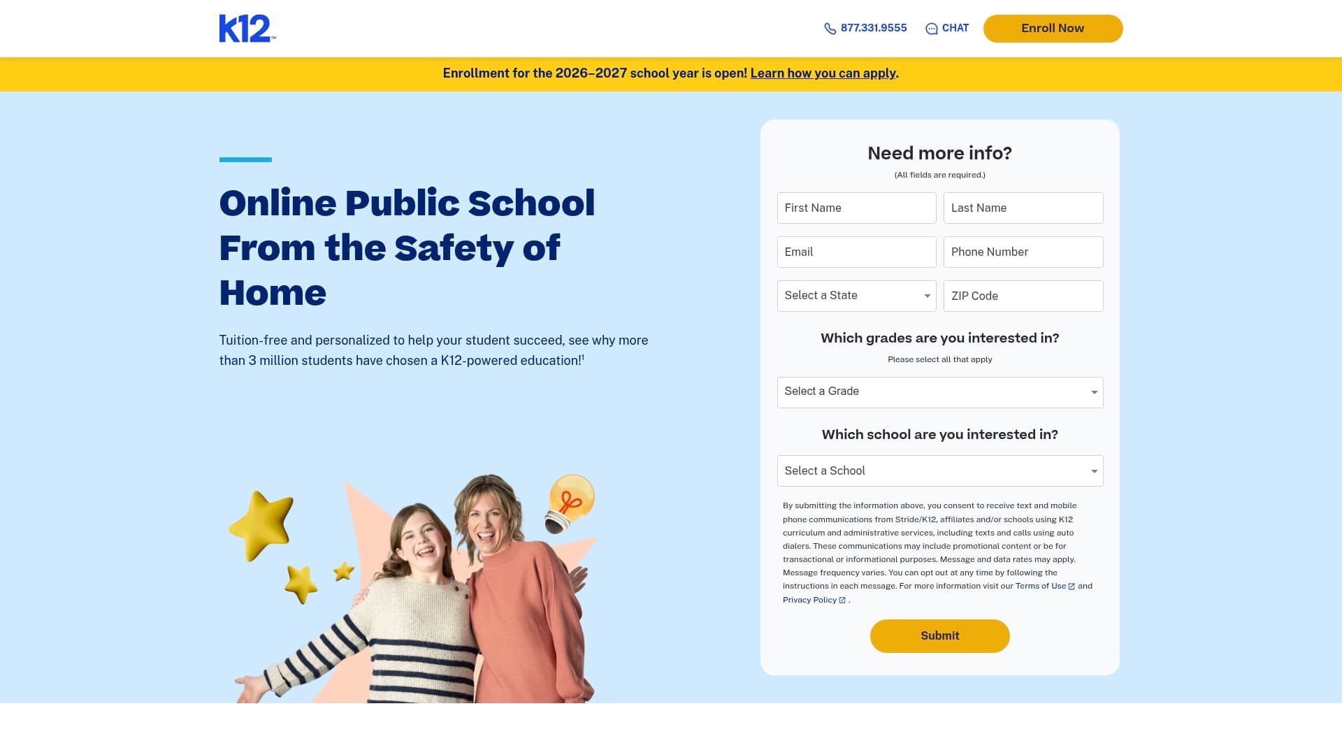 K-12 Powered Schools sponsor landing page advertised on History That Doesn't Suck