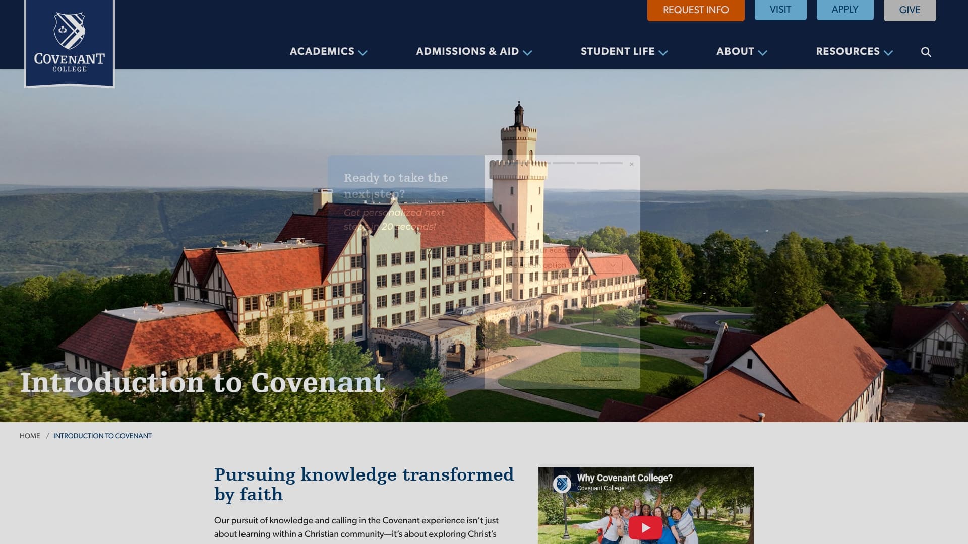 Covenant College sponsor landing page advertised on The World and Everything In It
