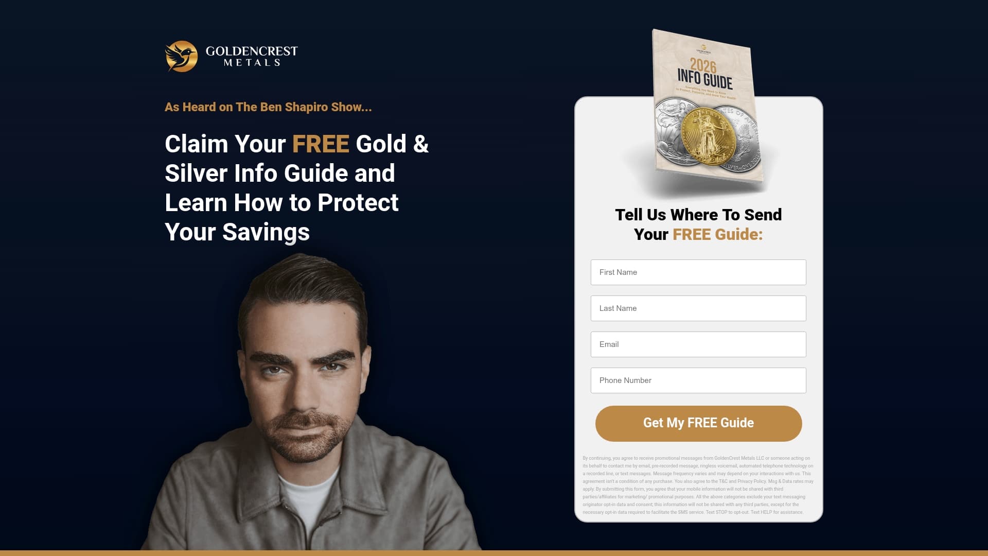 Golden Crest Metals sponsor landing page advertised on The Ben Shapiro Show