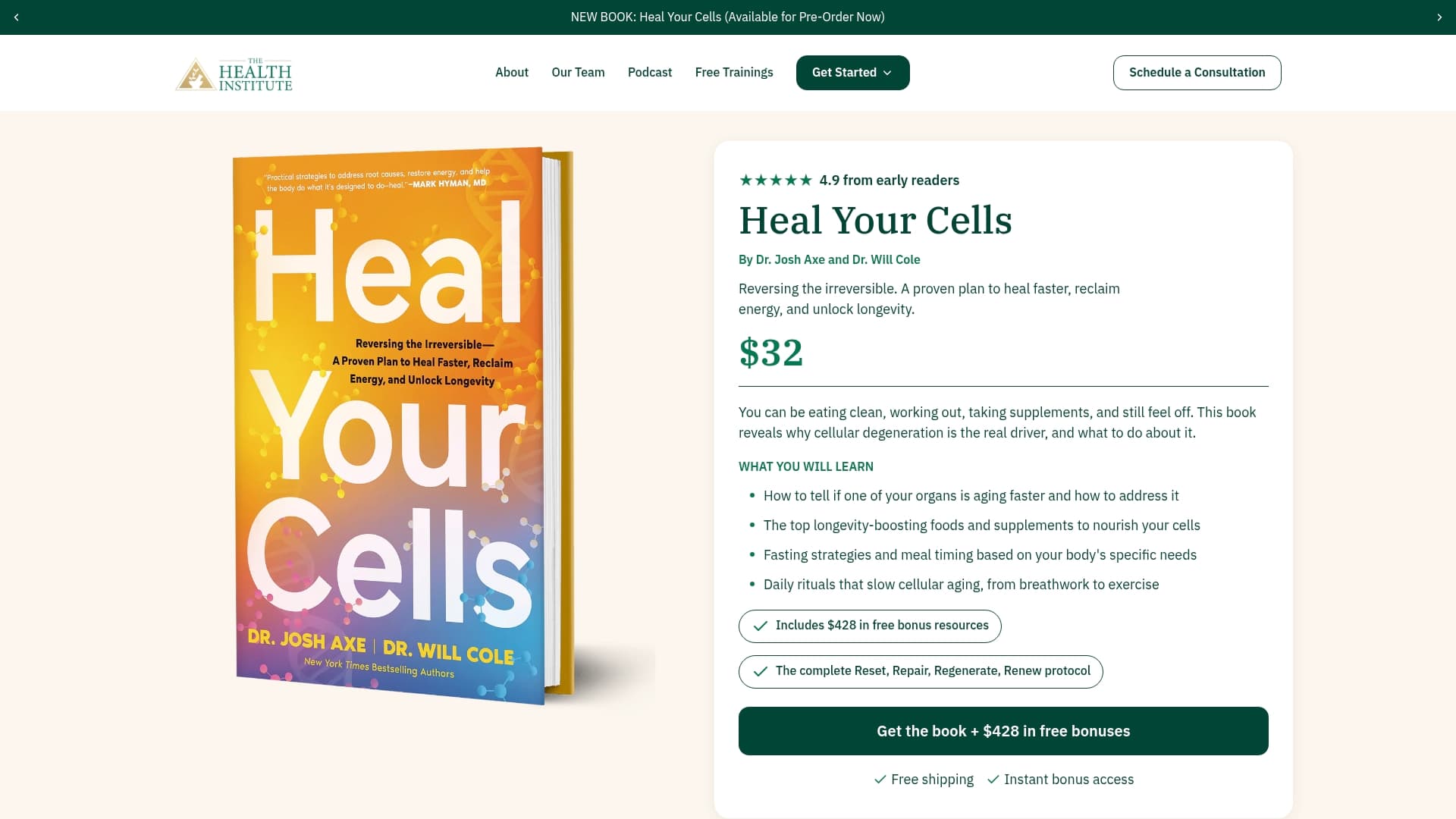 Dr. Axe / Heal Your Cells sponsor landing page advertised on The Growth Lab with Dr. Josh Axe