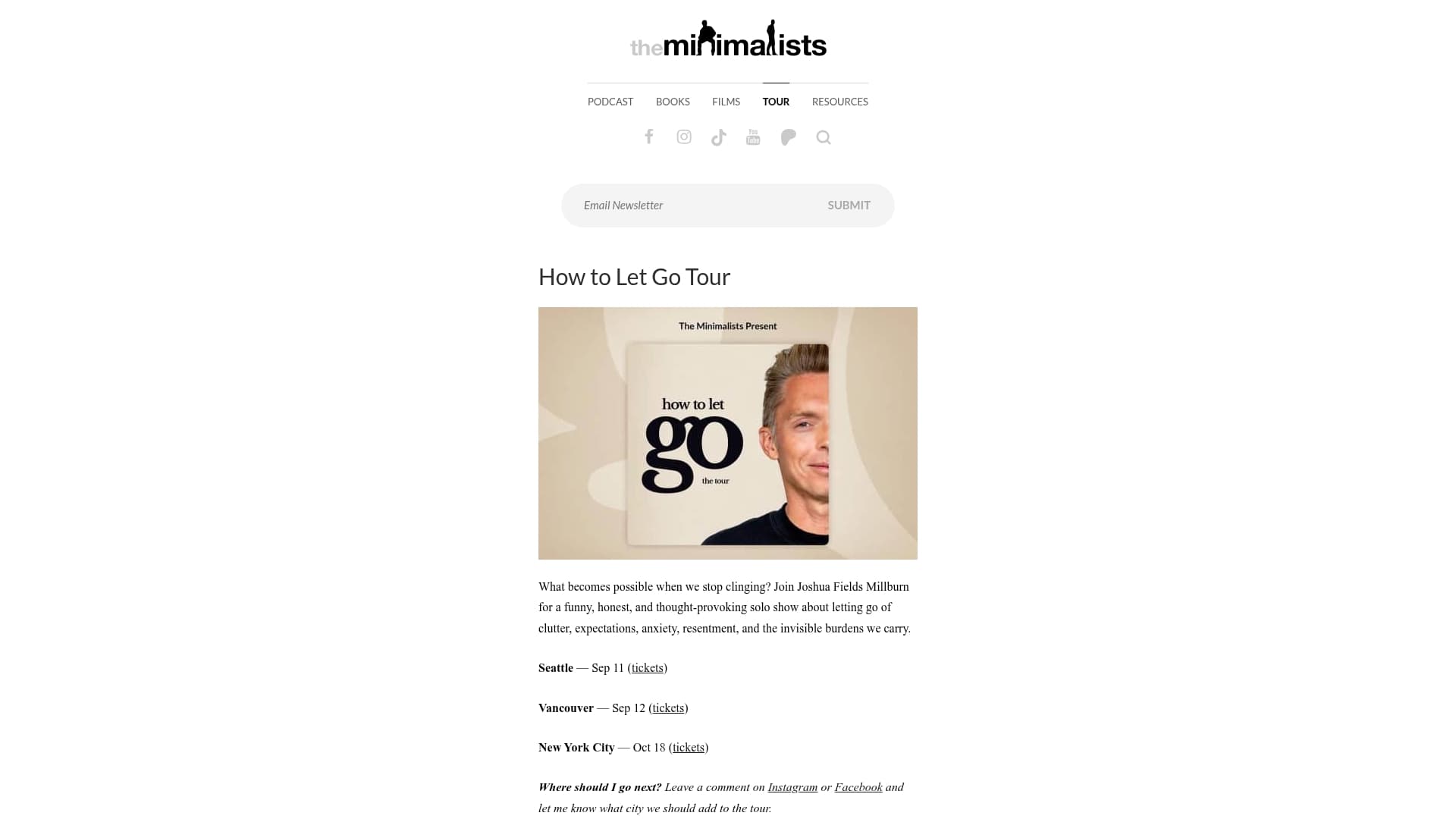 The Minimalists Tour sponsor landing page advertised on The Minimalists Podcast