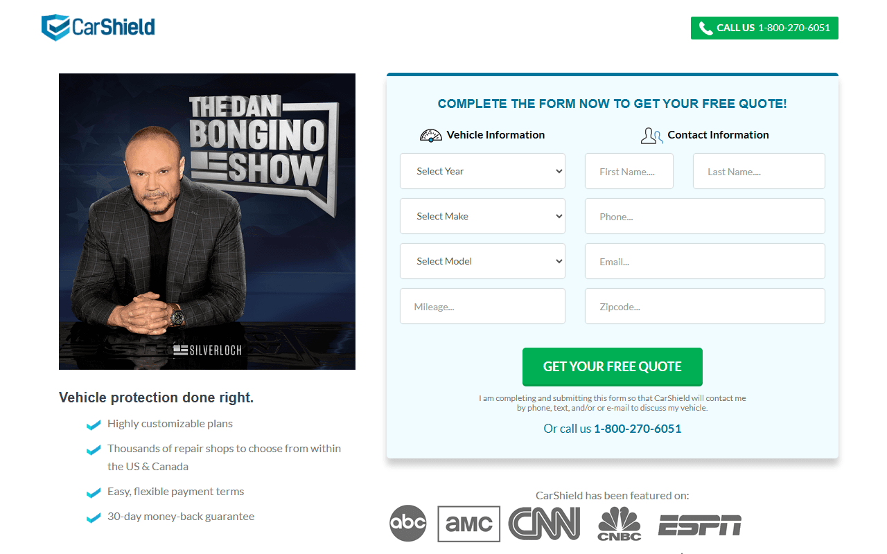 CarShield sponsor landing page advertised on The Dan Bongino Show