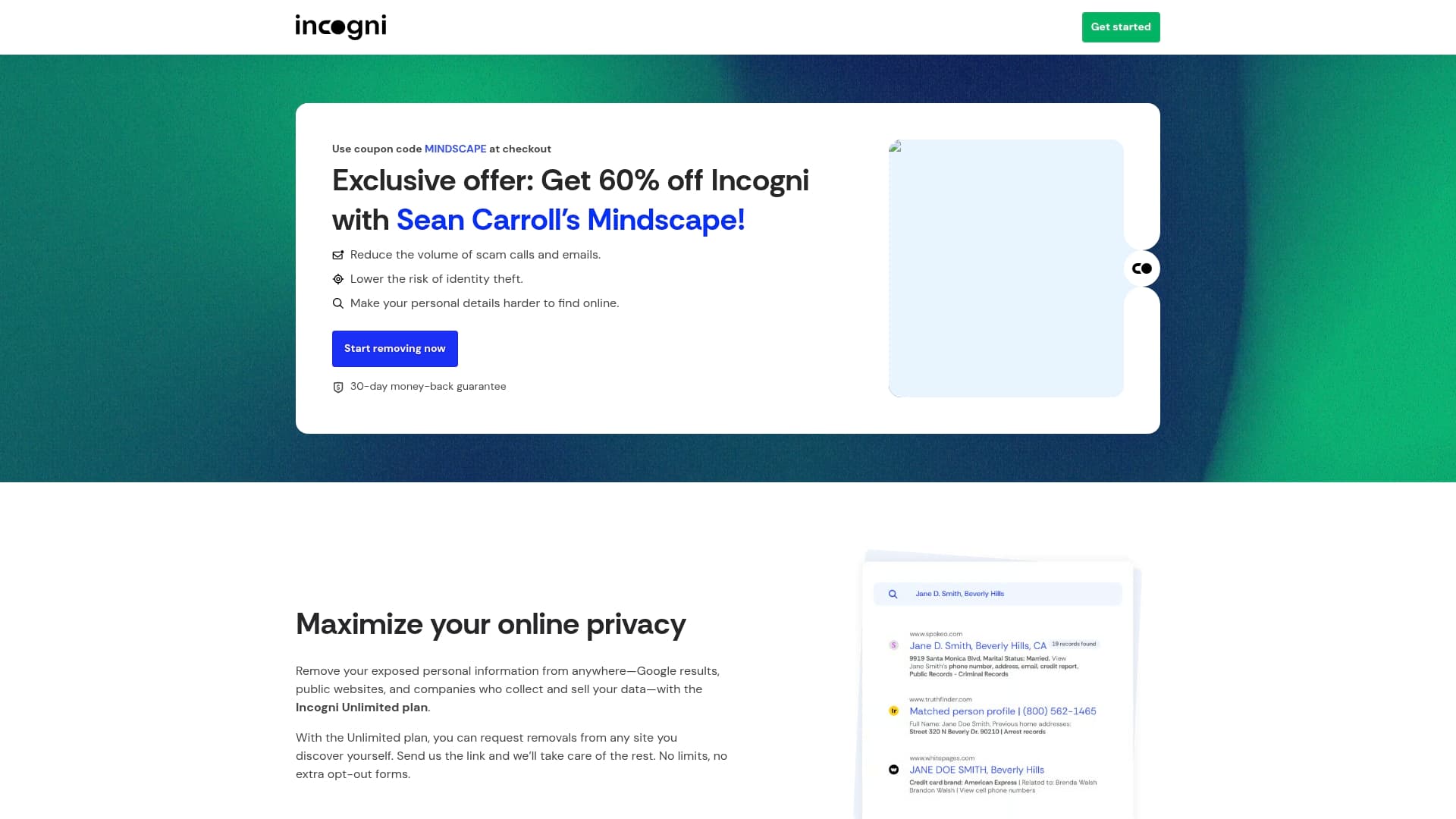 Incogni sponsor landing page advertised on Sean Carroll's Mindscape: Science, Society, Philosophy, Culture, Arts, and Ideas