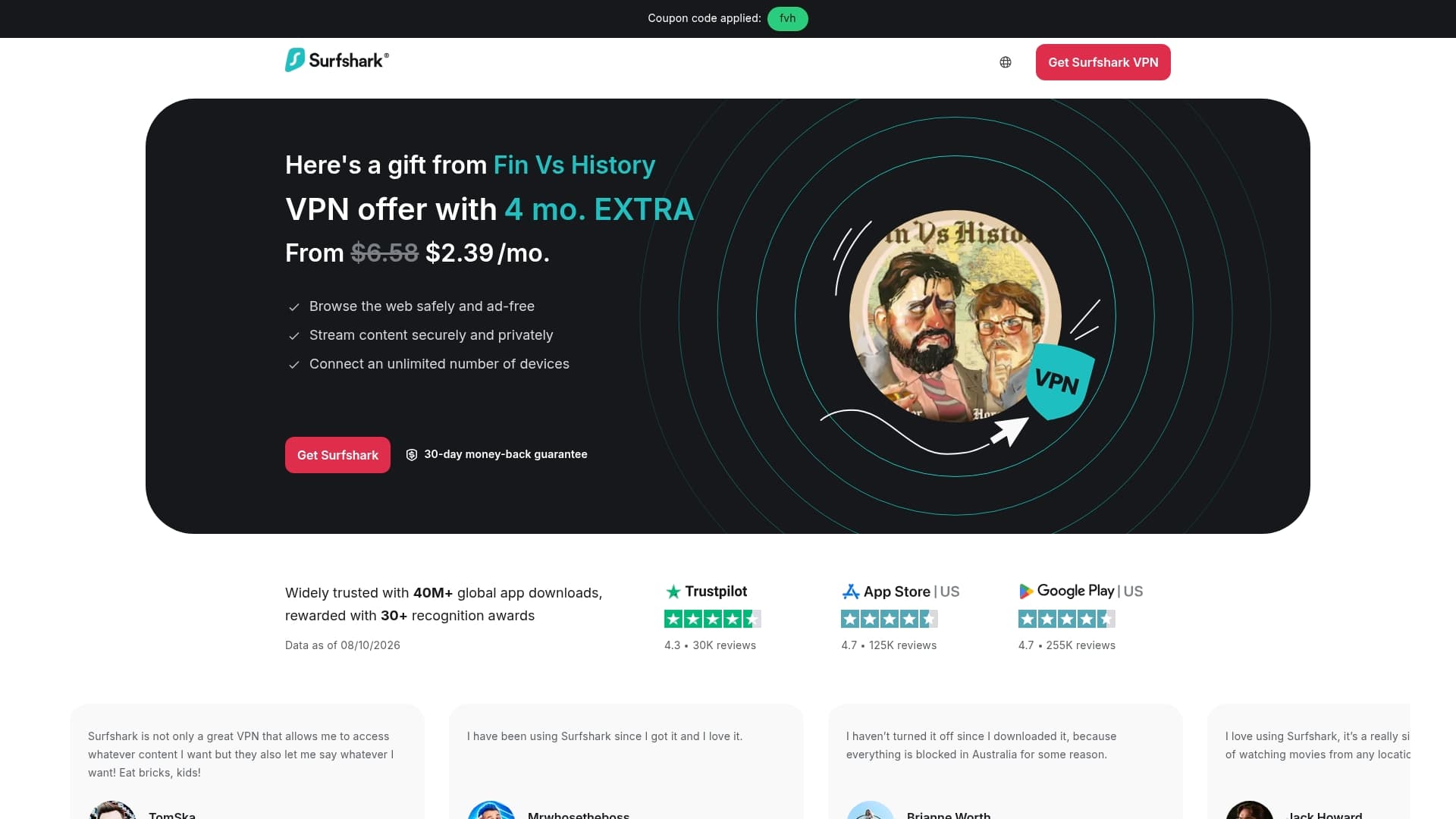 Surfshark sponsor landing page advertised on Fin vs History