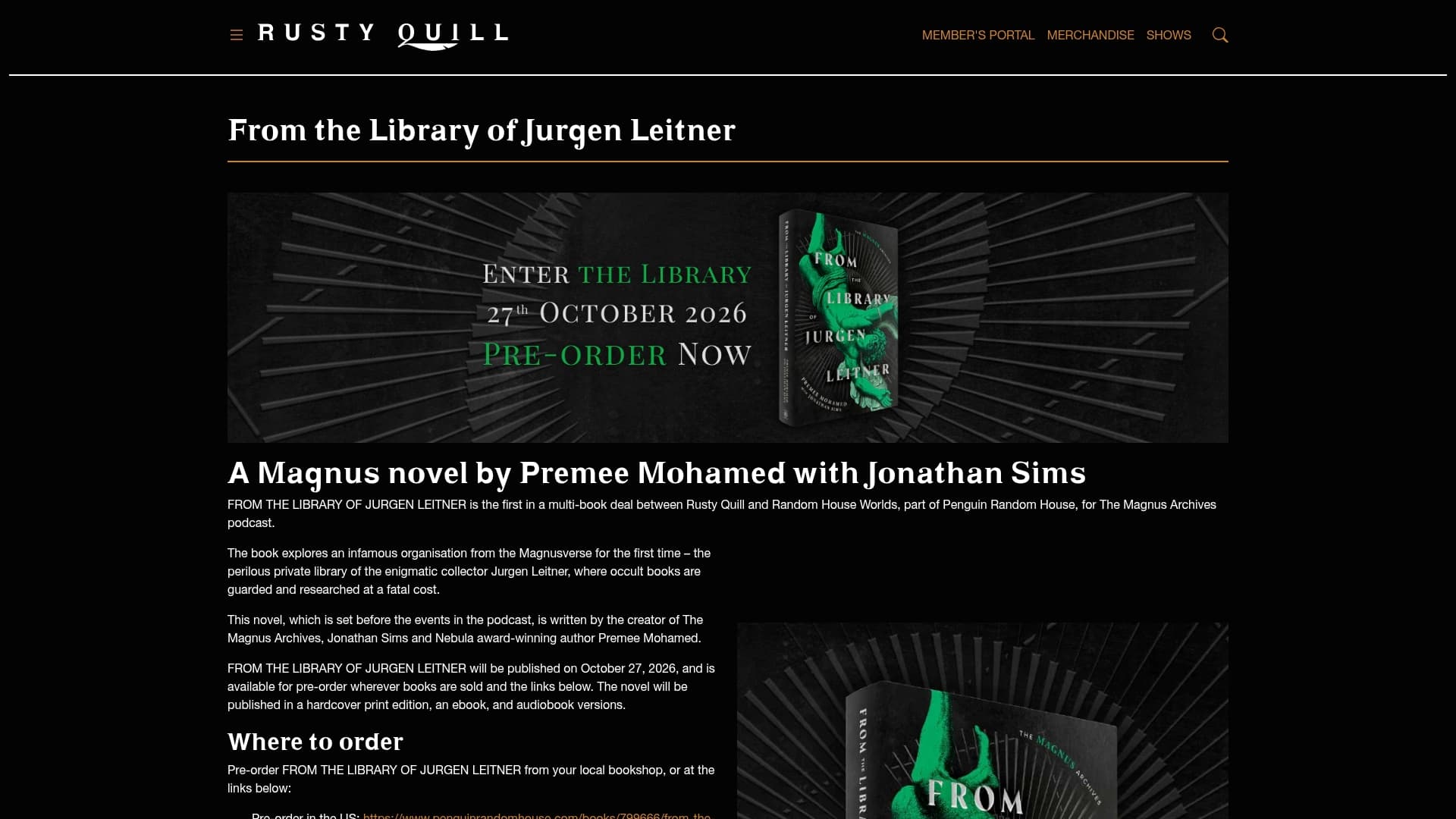 Rusty Quill / Random House Worlds sponsor landing page advertised on The Magnus Archives