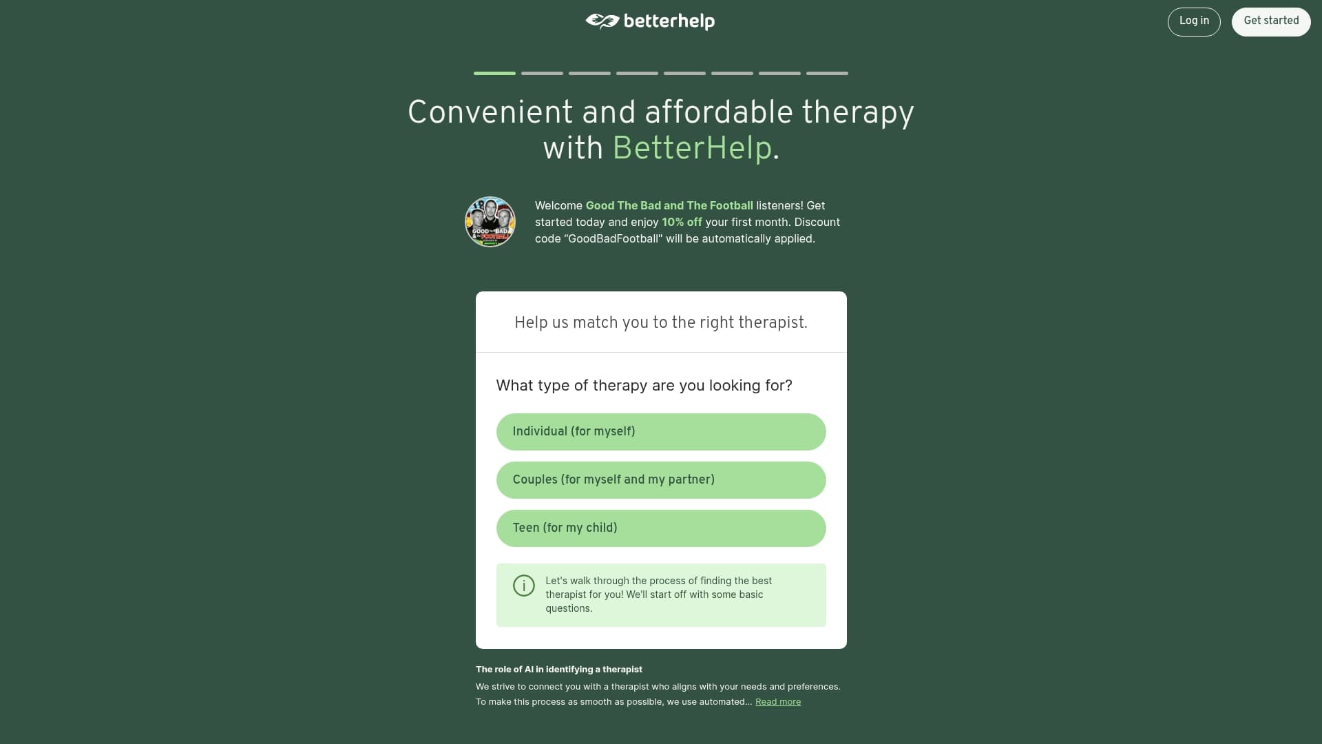 BetterHelp sponsor landing page advertised on The Good, The Bad & The Football