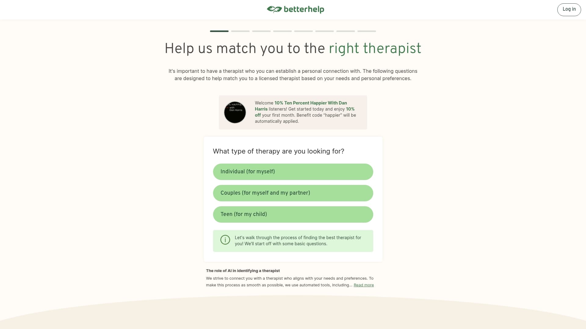 BetterHelp sponsor landing page advertised on Ten Percent Happier with Dan Harris