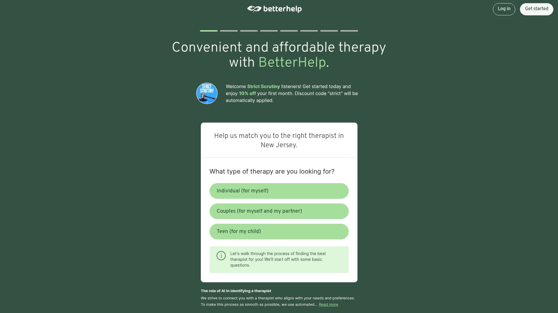 BetterHelp sponsor landing page advertised on Strict Scrutiny