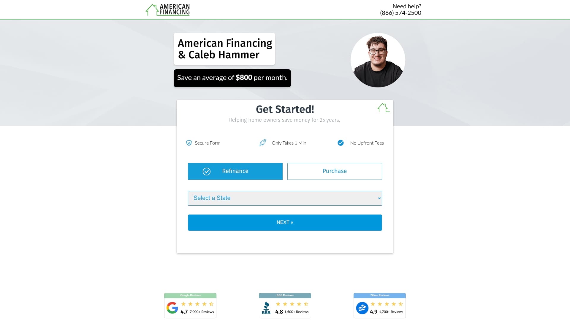 American Financing sponsor landing page advertised on Financial Audit with Caleb Hammer