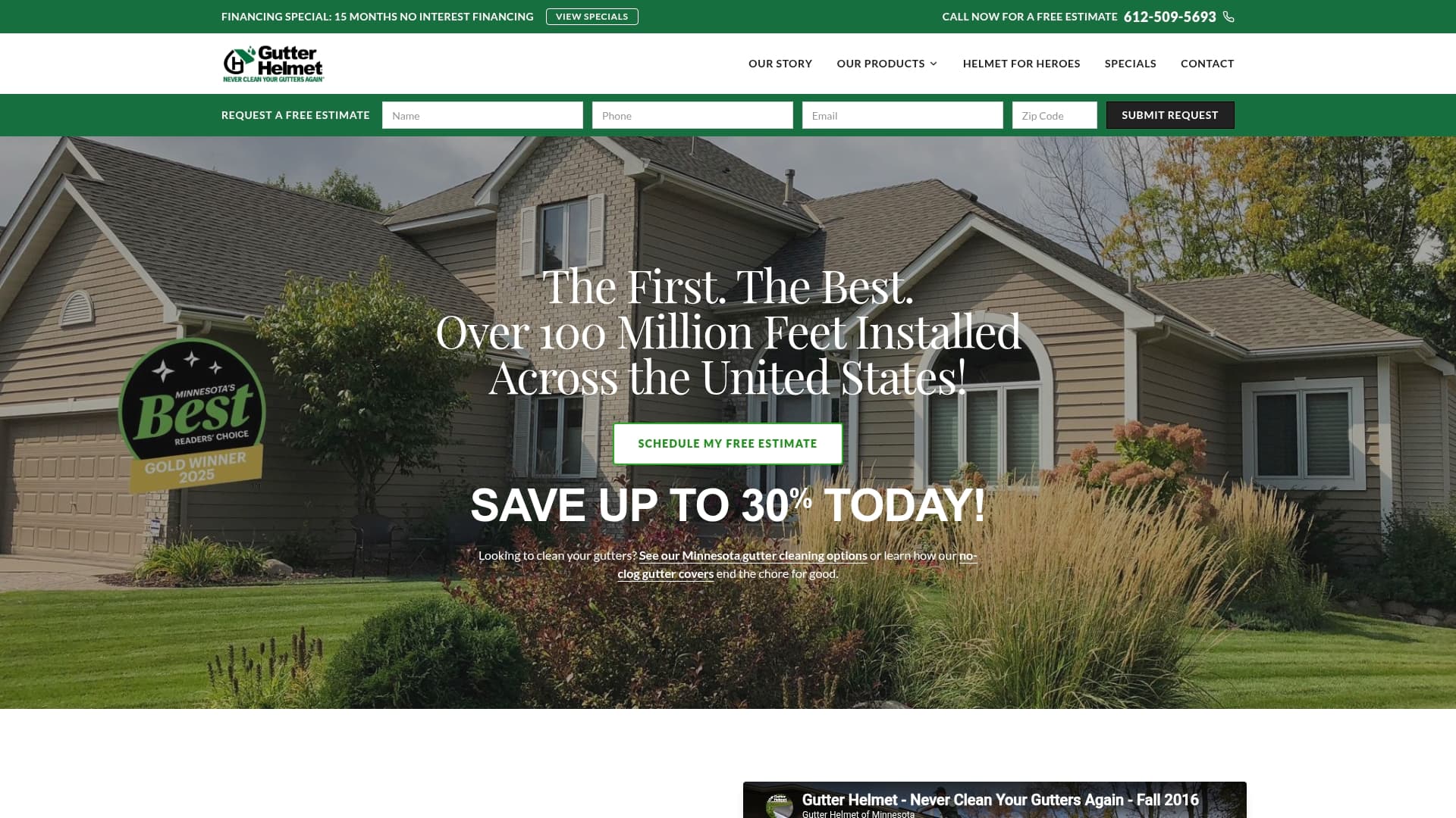 Gutter Helmet sponsor landing page advertised on The Power Trip