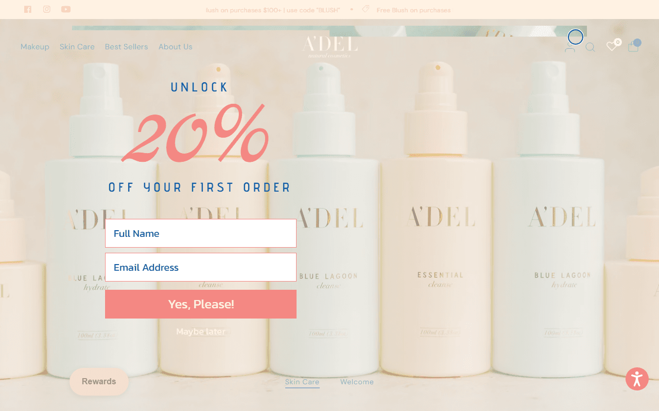 Adele Natural Cosmetics sponsor landing page advertised on The Spillover with Alex Clark