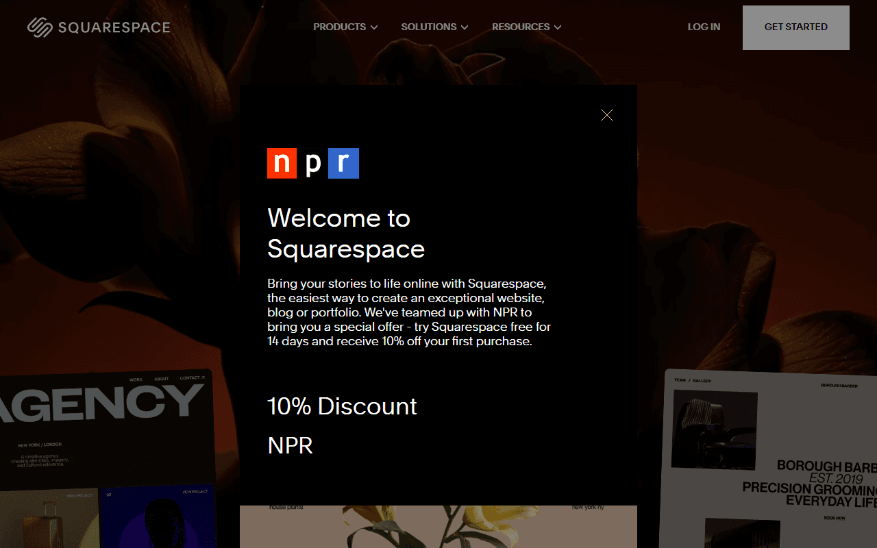 Squarespace sponsor landing page advertised on The NPR Politics Podcast