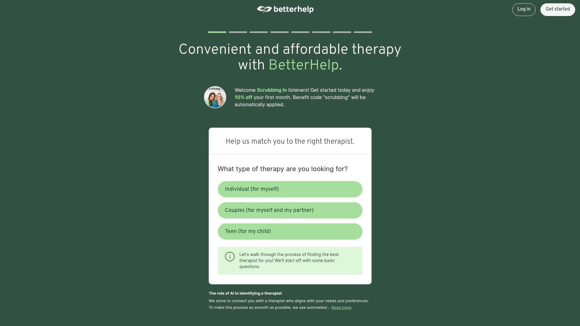 BetterHelp sponsor landing page advertised on Scrubbing In with Becca Tilley & Tanya Rad