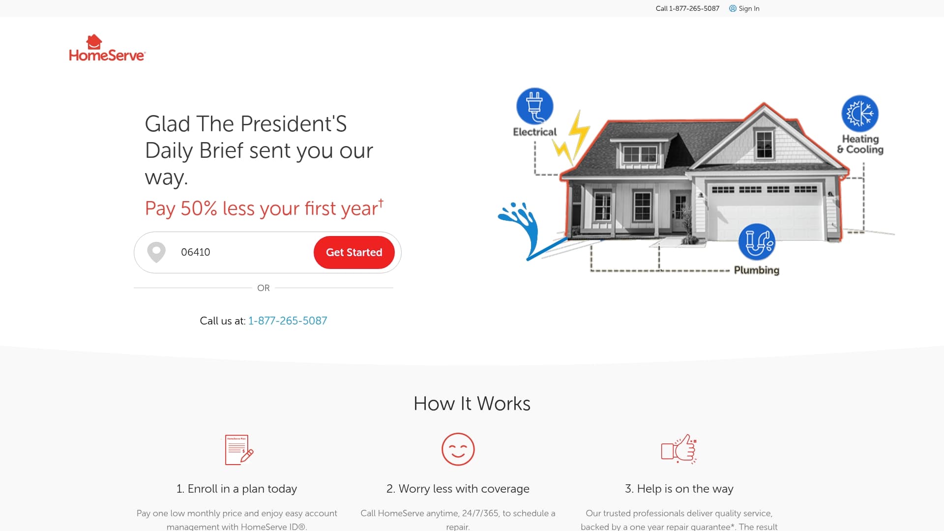 HomeServe sponsor landing page advertised on The President's Daily Brief