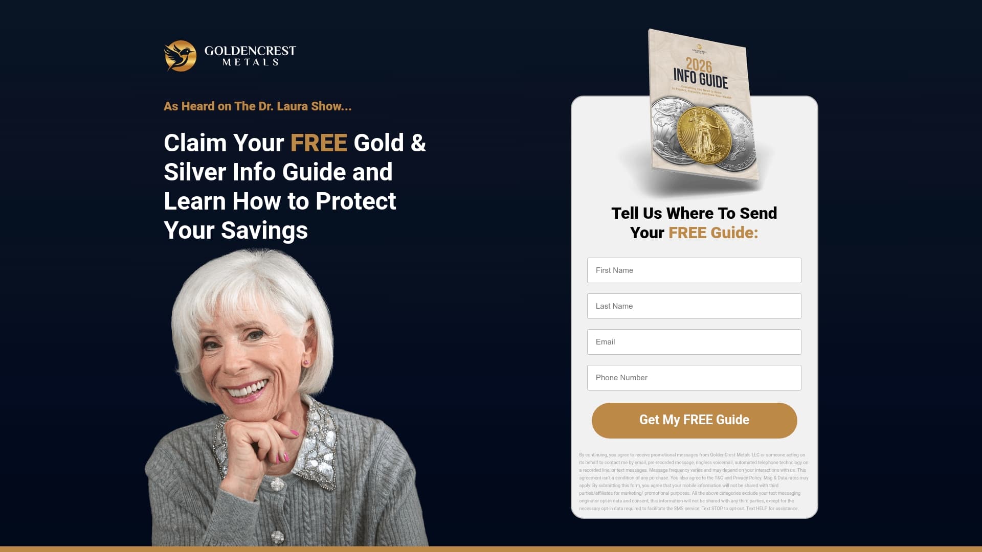 Golden Crest Metals sponsor landing page advertised on Dr. Laura Call of the Day