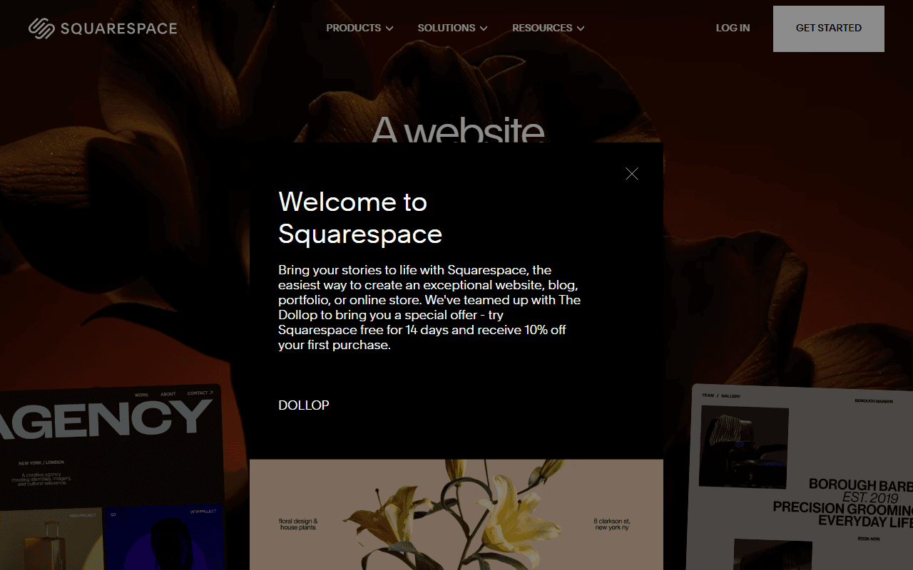 Squarespace sponsor landing page advertised on The Dollop with Dave Anthony and Gareth Reynolds