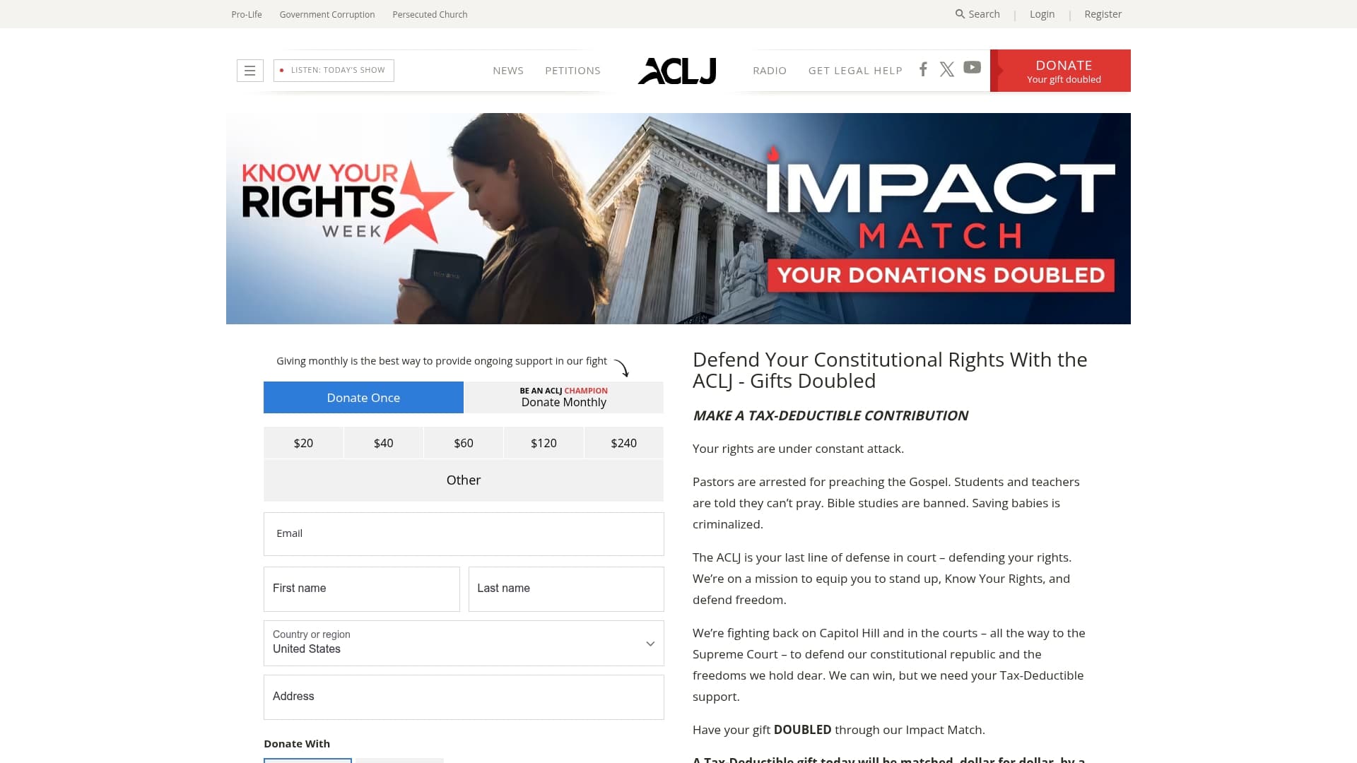 ACLJ sponsor landing page advertised on Sekulow
