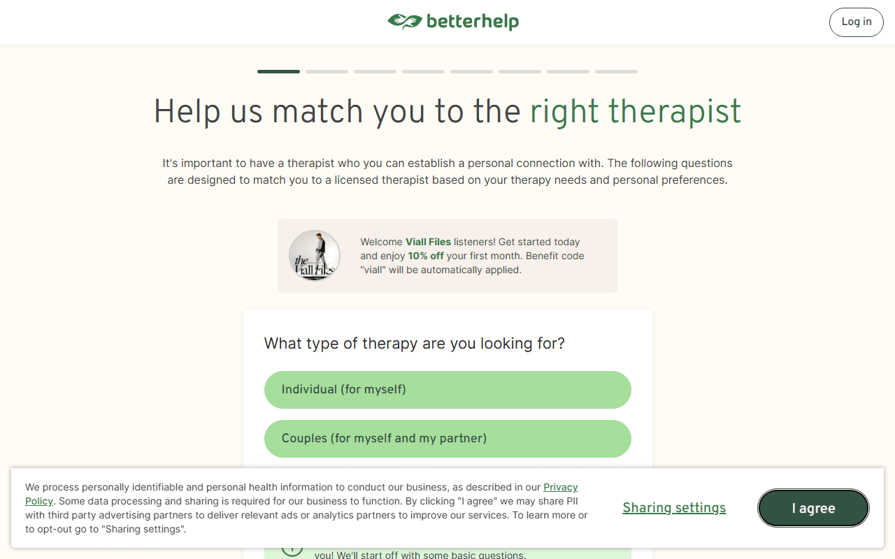 BetterHelp sponsor landing page advertised on The Viall Files