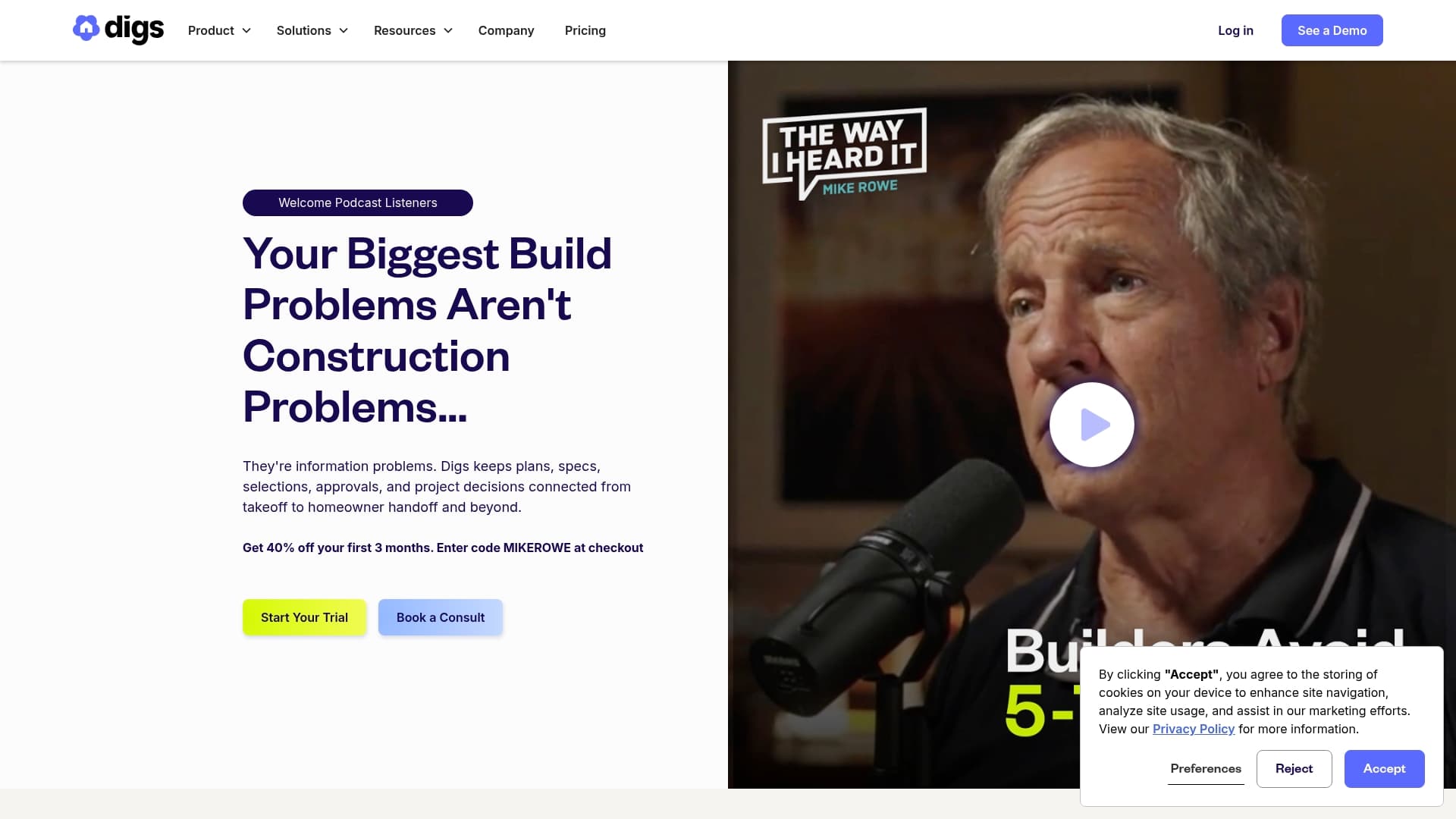 DIGS sponsor landing page advertised on The Way I Heard It with Mike Rowe