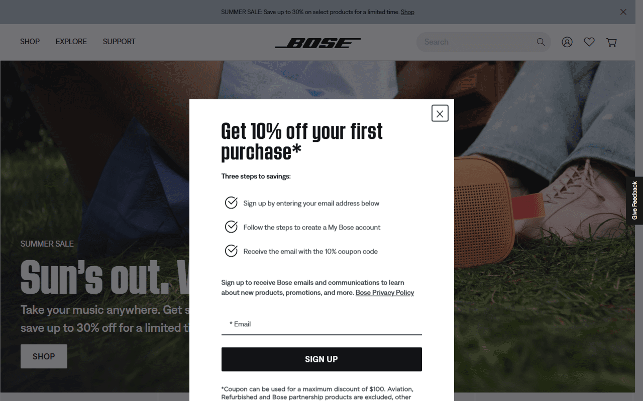 Bose sponsor landing page advertised on Big Brother Recaps & Live Feed Updates from Rob Has a Podcast