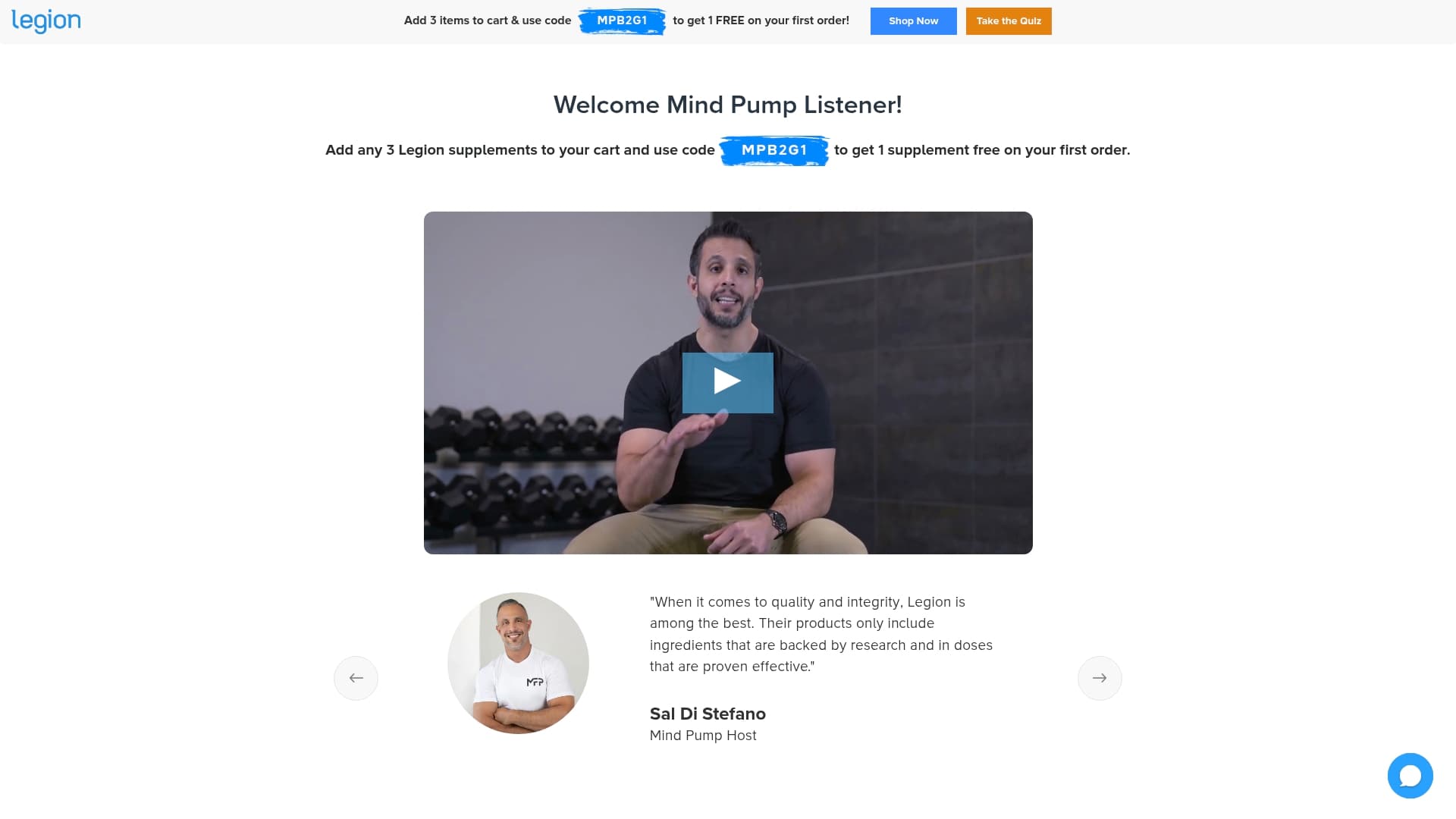 Legion sponsor landing page advertised on Mind Pump: Raw Fitness Truth