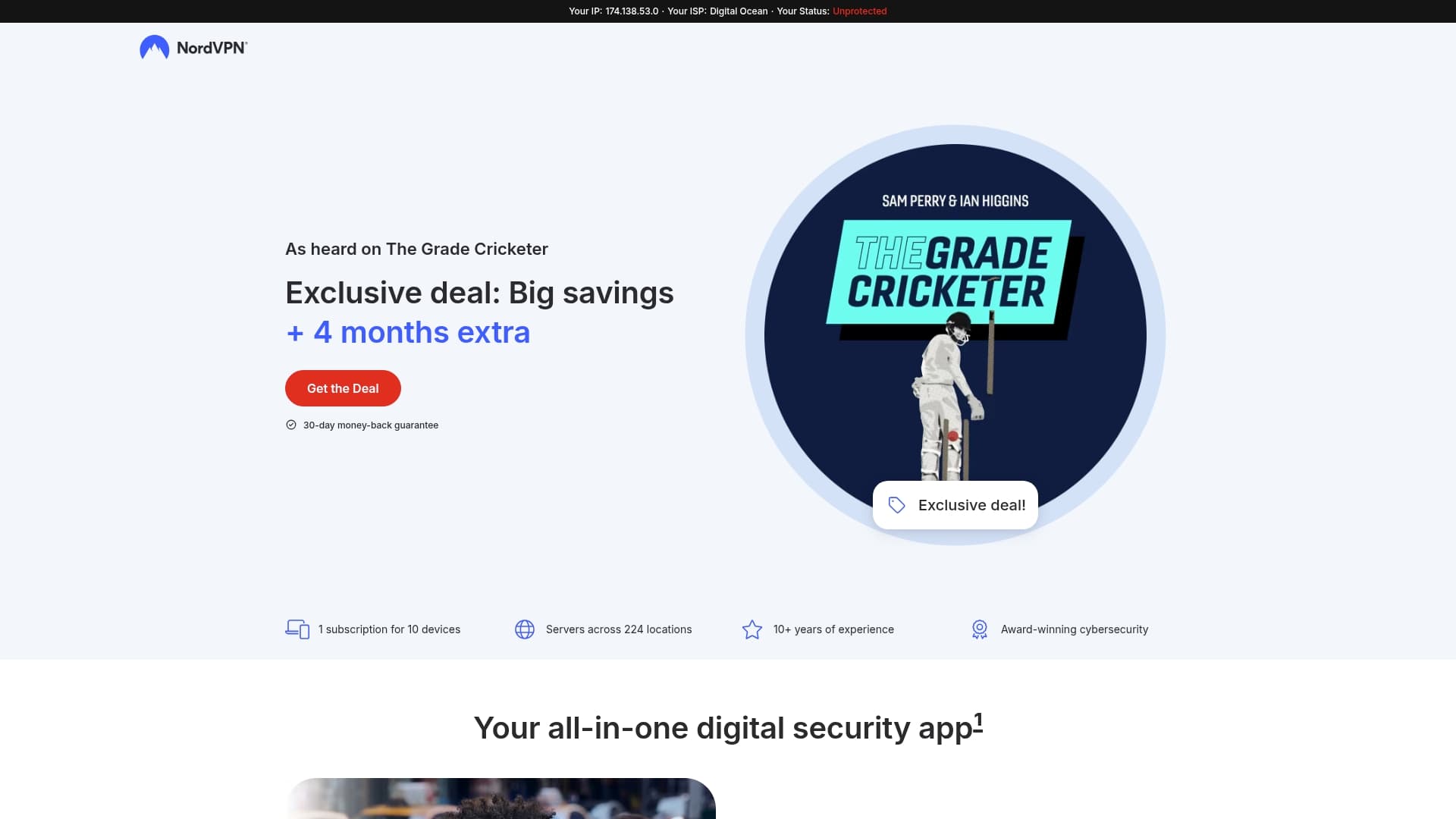 NordVPN sponsor landing page advertised on The Grade Cricketer