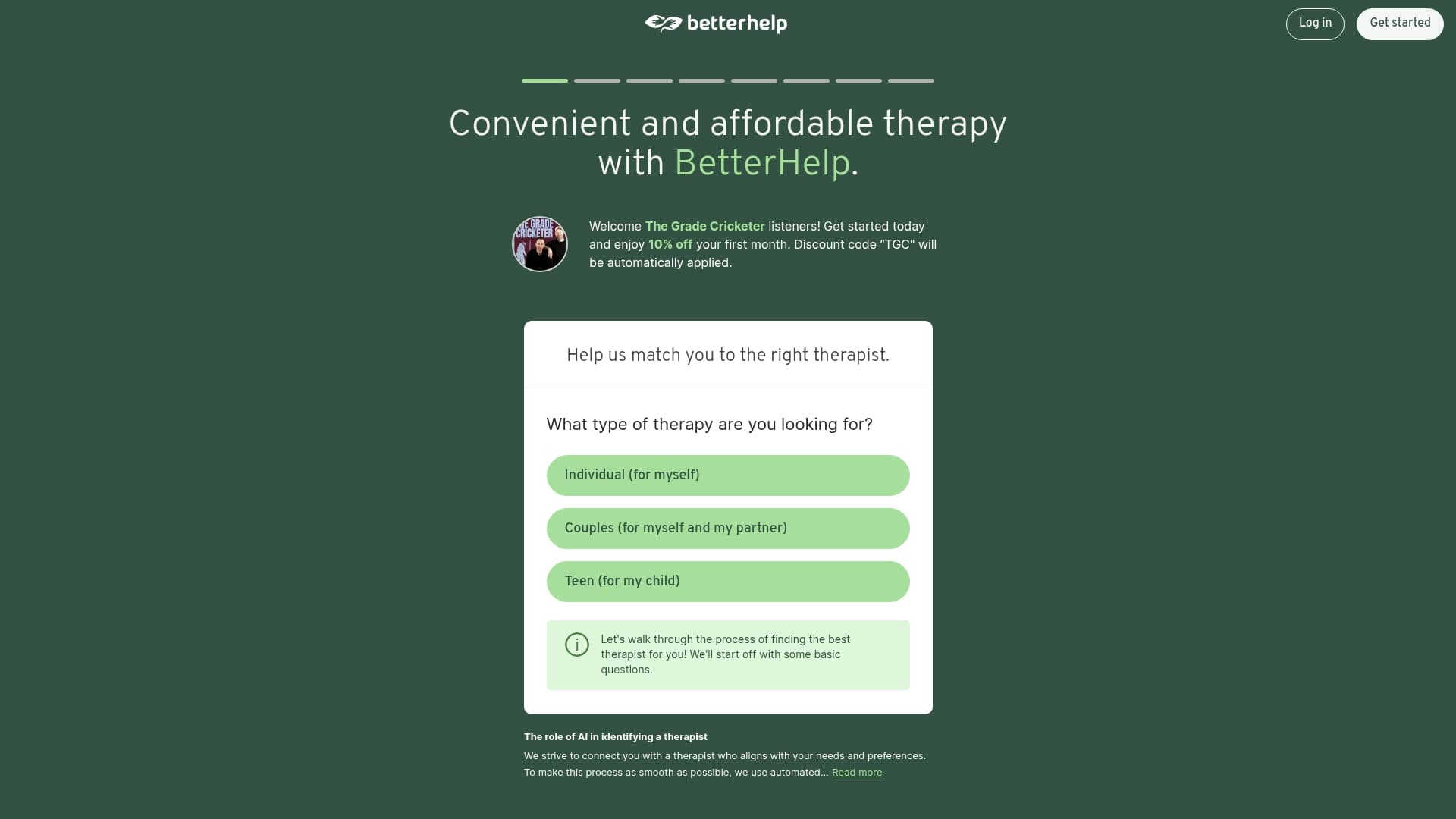 BetterHelp sponsor landing page advertised on The Grade Cricketer
