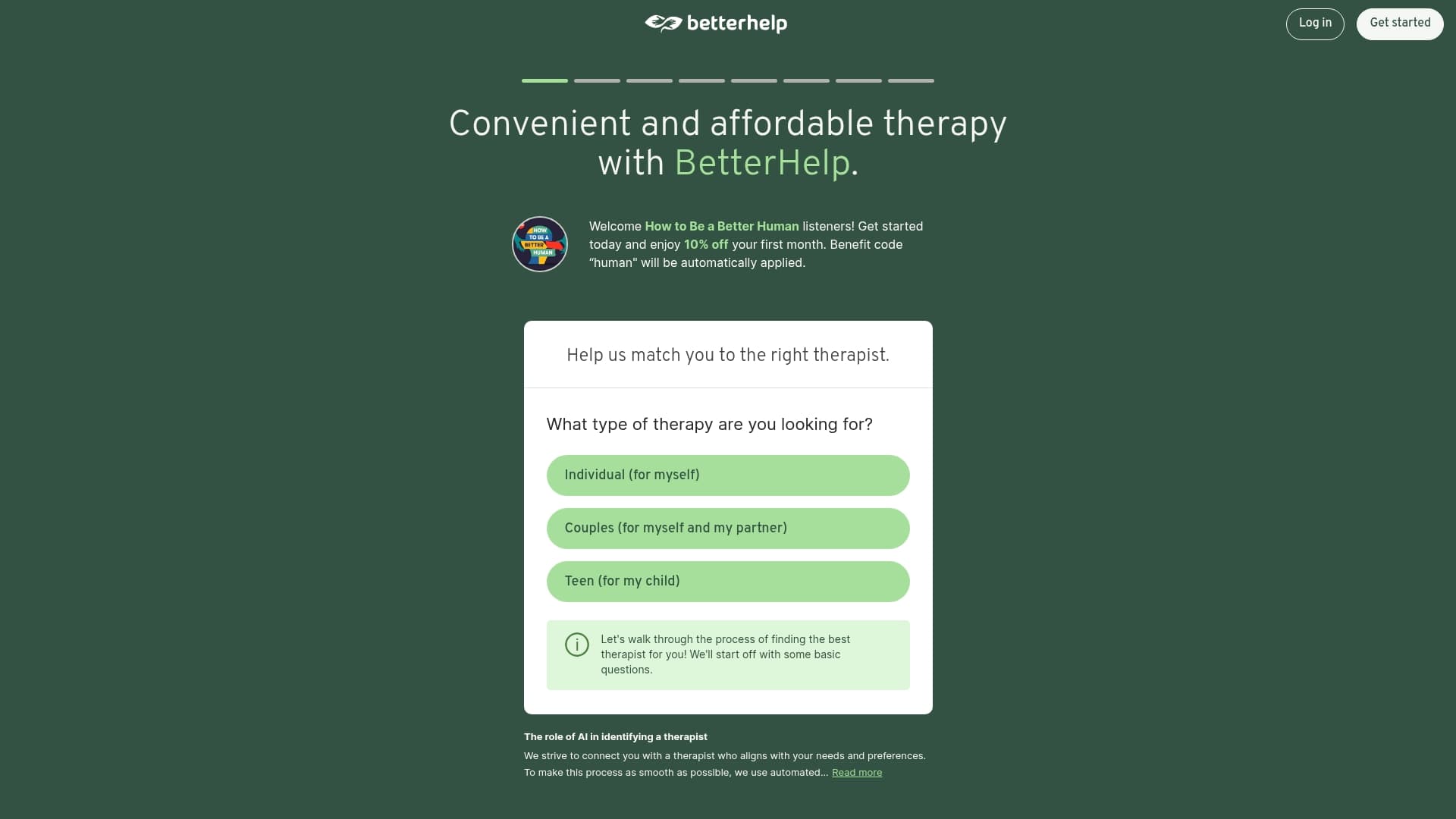 BetterHelp sponsor landing page advertised on NPR News Now