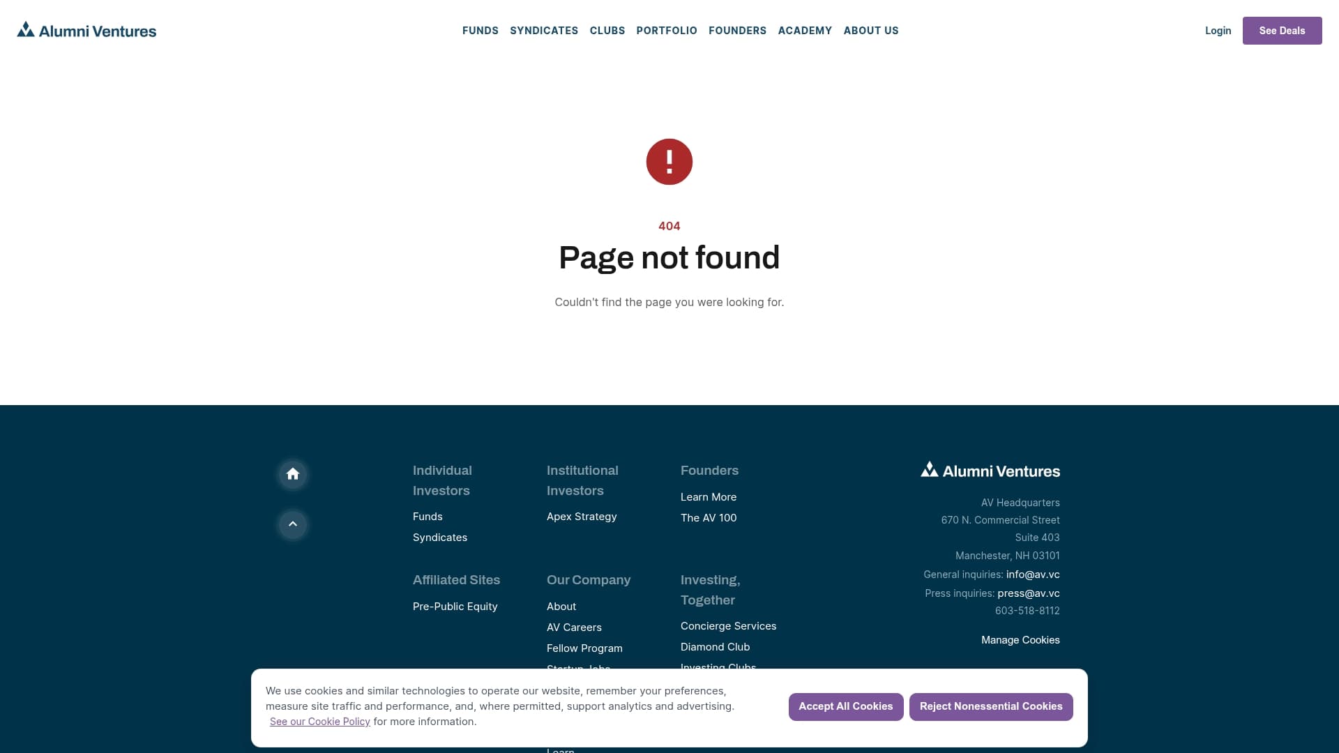 Alumni Ventures sponsor landing page advertised on Prof G Markets