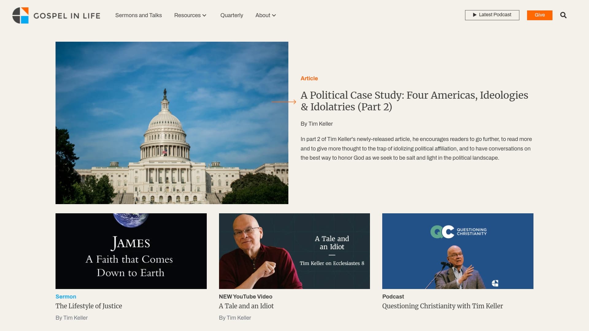 Gospel in Life / Redeemer Presbyterian Church sponsor landing page advertised on Timothy Keller Sermons Podcast by Gospel in Life