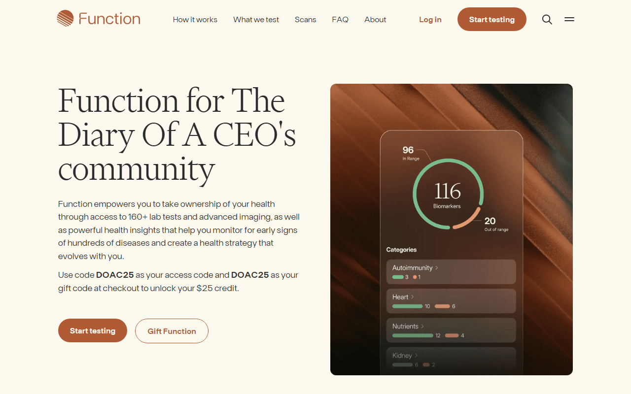 Function Health sponsor landing page advertised on The Diary Of A CEO with Steven Bartlett
