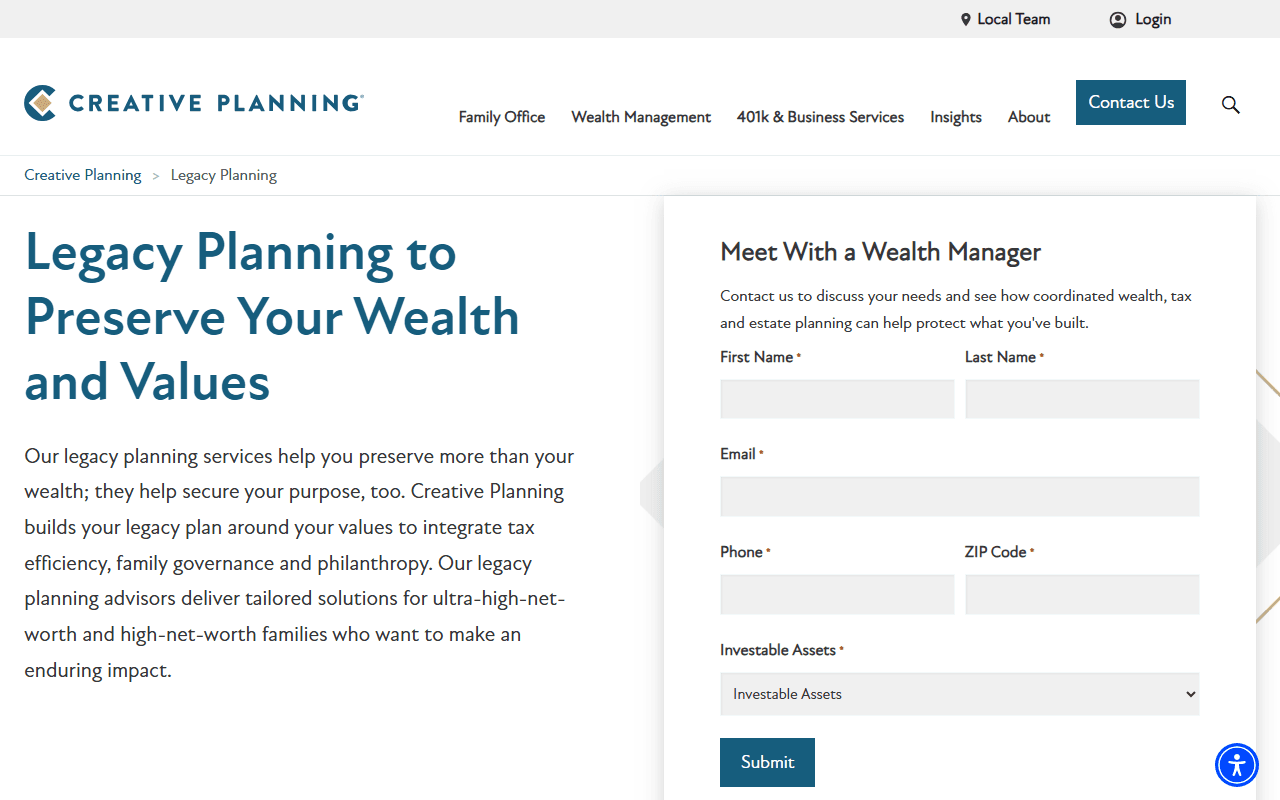 Creative Planning sponsor landing page advertised on Coffee House Shots