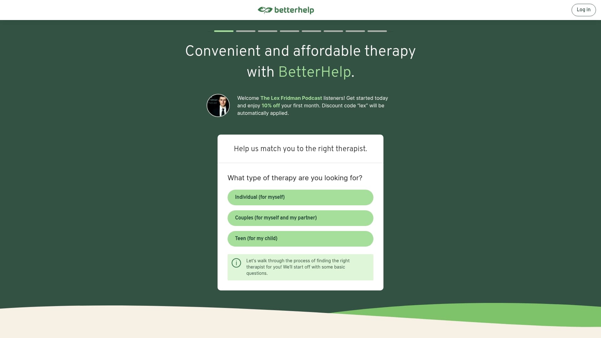 BetterHelp sponsor landing page advertised on Lex Fridman Podcast
