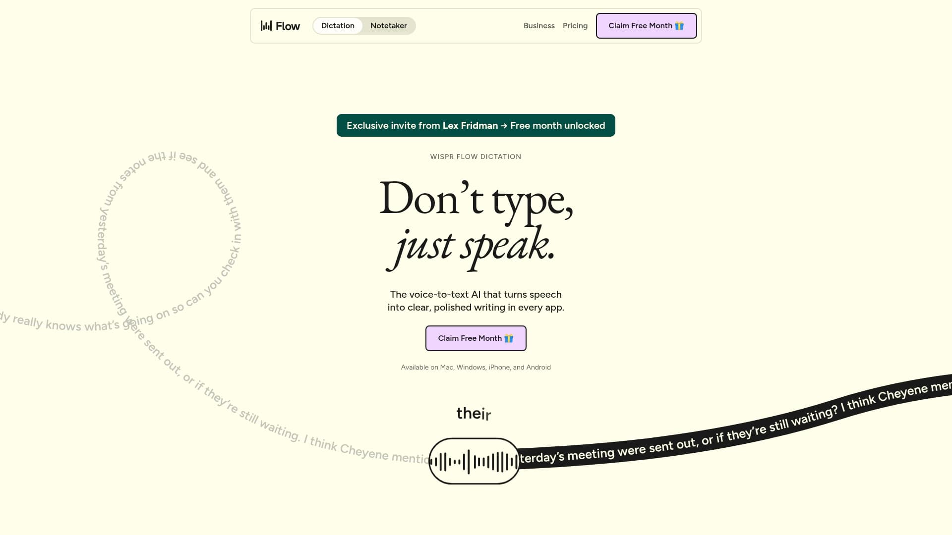 Wispr Flow sponsor landing page advertised on Lex Fridman Podcast